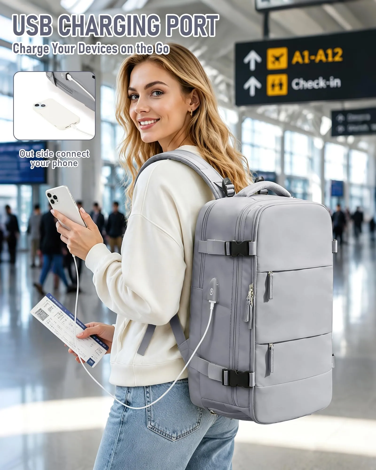 SZLX Zaino da Viaggio Sottovuoto con Pompa 40x30x20 per Ryanair Wizzair Vueling, Borsa da Cabina con Scomparto Scarpe e Porta USB per Laptop 14 Pollici - immagine 6