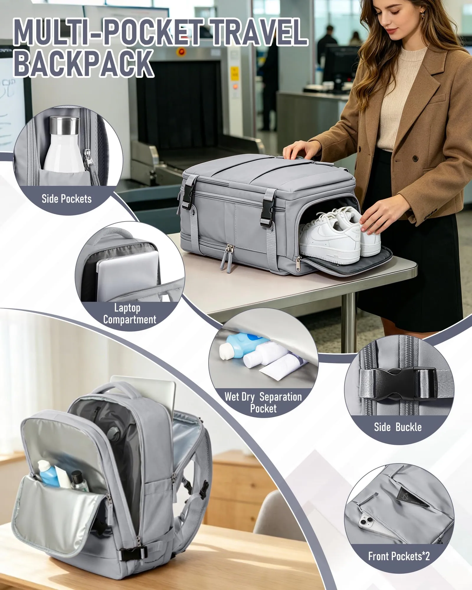 SZLX Zaino da Viaggio Sottovuoto con Pompa 40x30x20 per Ryanair Wizzair Vueling, Borsa da Cabina con Scomparto Scarpe e Porta USB per Laptop 14 Pollici - immagine 7
