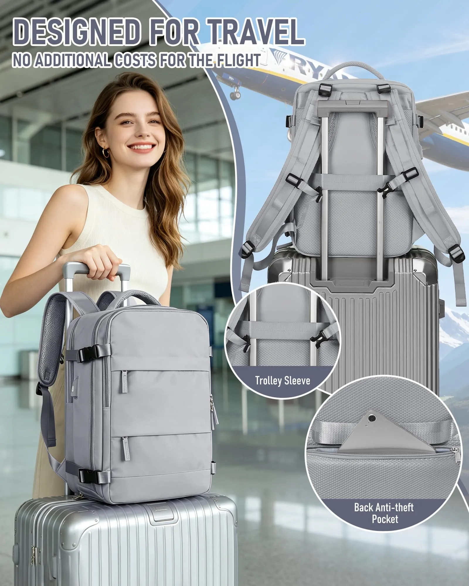 SZLX Zaino da Viaggio Sottovuoto con Pompa 40x30x20 per Ryanair Wizzair Vueling, Borsa da Cabina con Scomparto Scarpe e Porta USB per Laptop 14 Pollici - immagine 10