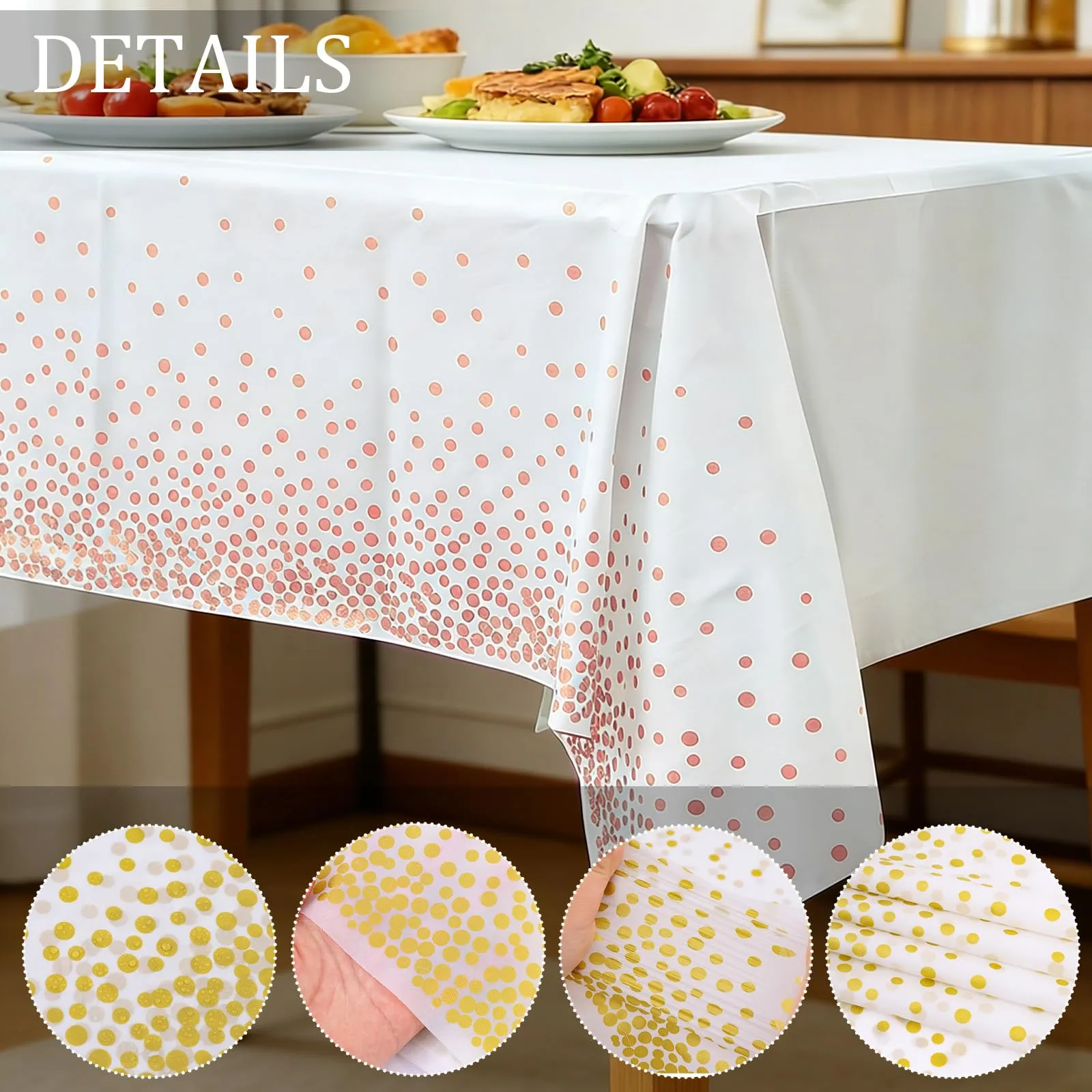 YAAVAAW Tovaglie in Plastica a Pois Bianchi e Oro Rosa per Tavolo Rettangolare, 137 x 274 cm, Confezione da 4 - immagine 3