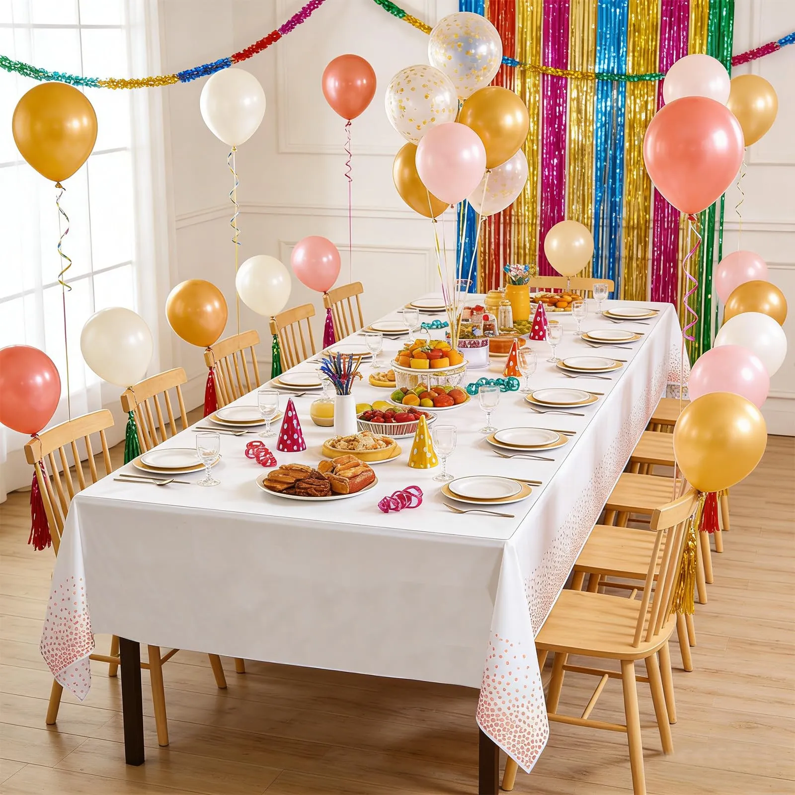 YAAVAAW Tovaglie in Plastica a Pois Bianchi e Oro Rosa per Tavolo Rettangolare, 137 x 274 cm, Confezione da 4 - immagine 6