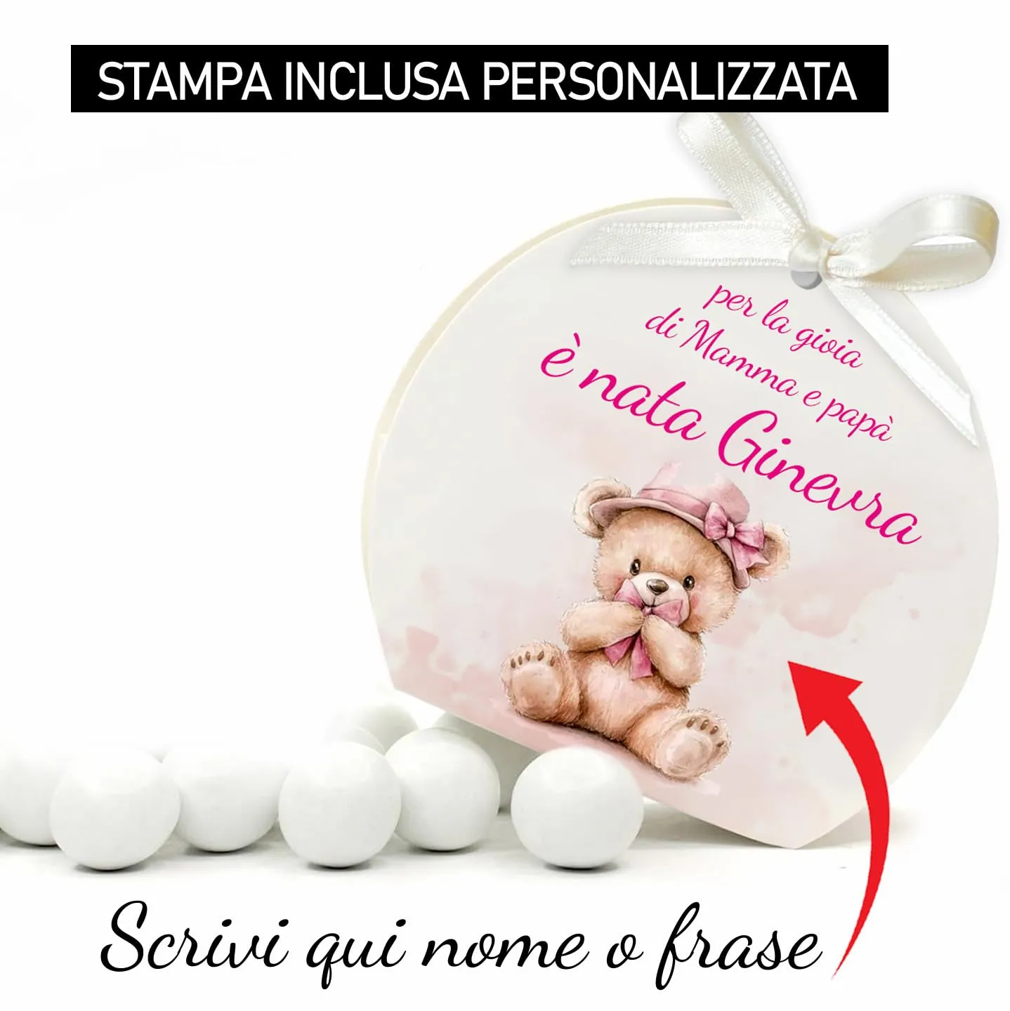 Mr Pubblicità - 30 Scatoline Portaconfetti con Nastrini Personalizzate - Orsetto Baby Girl - immagine 2