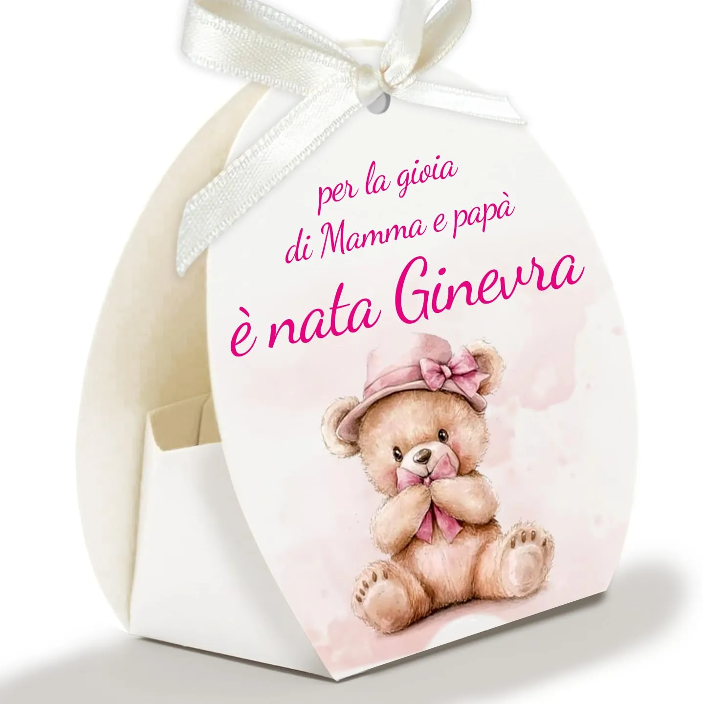 Mr Pubblicità - 30 Scatoline Portaconfetti con Nastrini Personalizzate - Orsetto Baby Girl - immagine 3