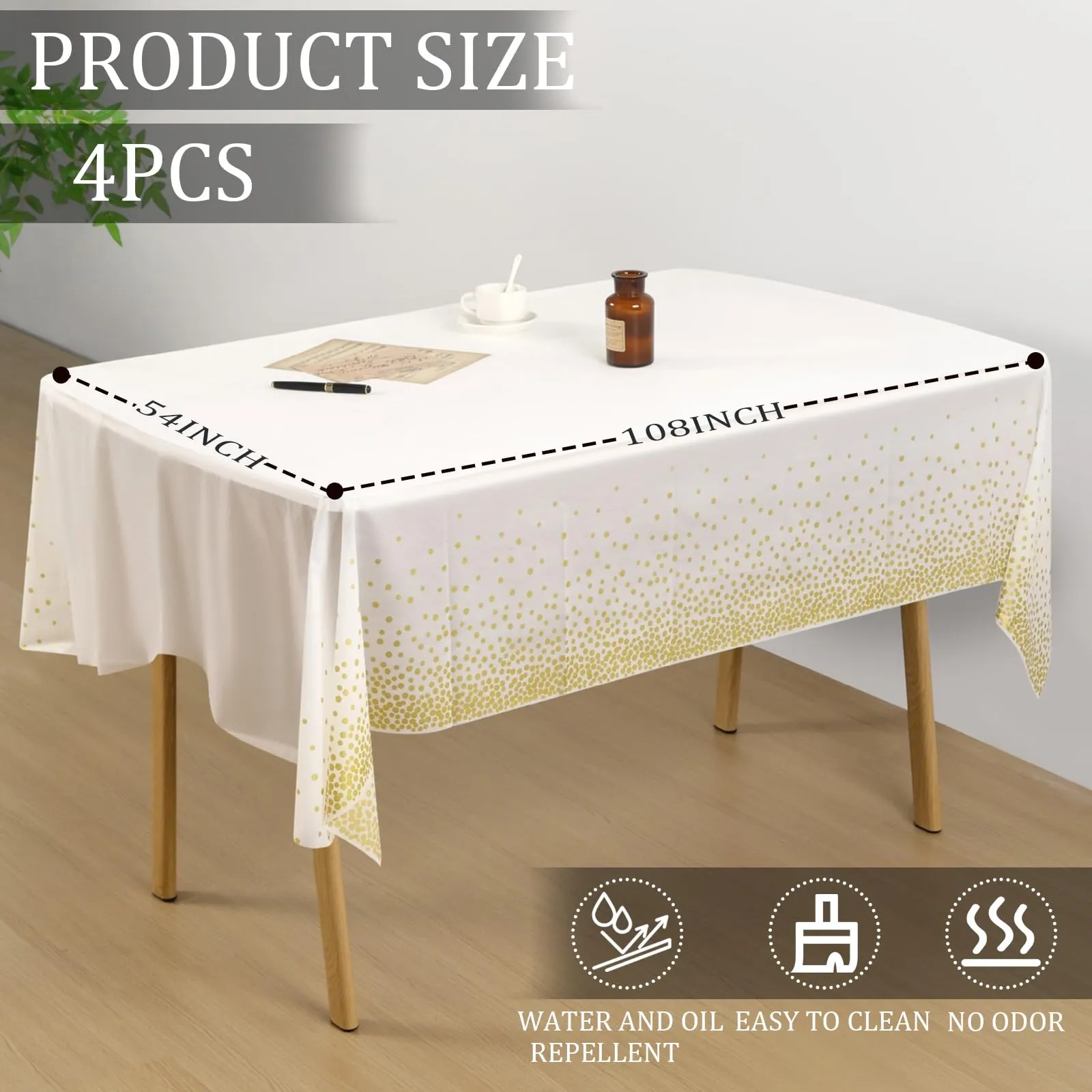 YAAVAAW Tovaglie in plastica a pois bianchi e oro per tavoli rettangolari, 137 x 274 cm, confezione da 4, usa e getta - immagine 2