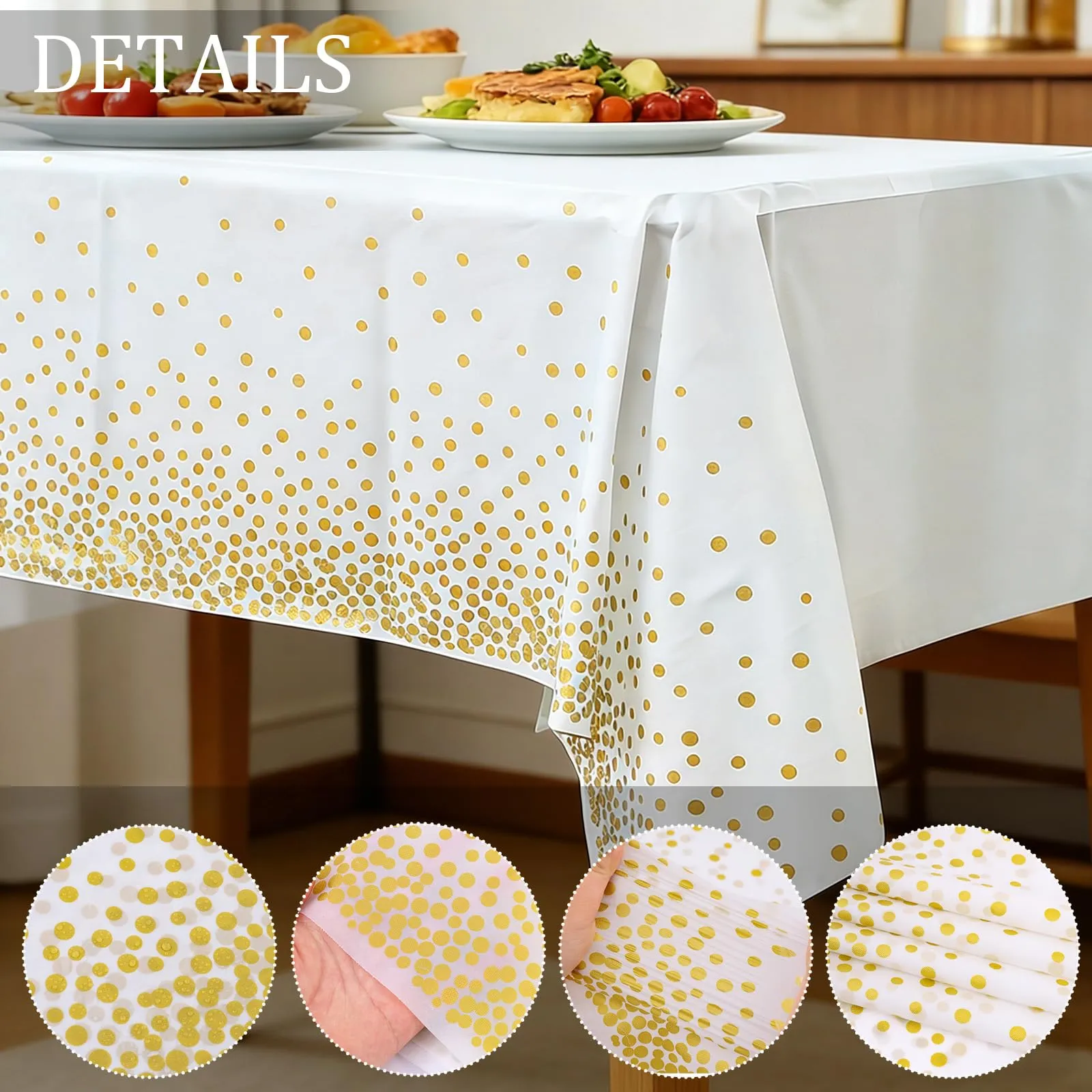YAAVAAW Tovaglie in plastica a pois bianchi e oro per tavoli rettangolari, 137 x 274 cm, confezione da 4, usa e getta - immagine 3