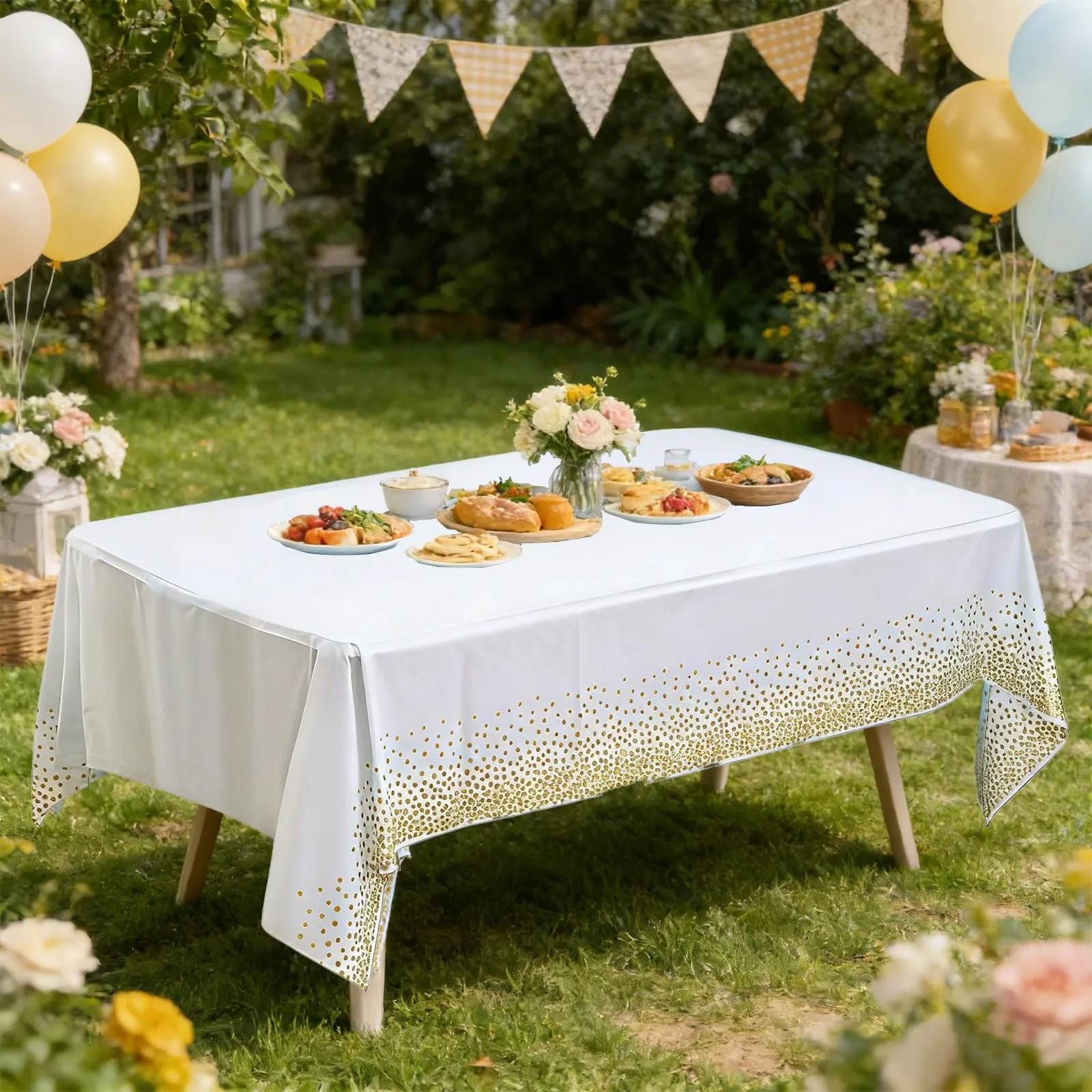 YAAVAAW Tovaglie in plastica a pois bianchi e oro per tavoli rettangolari, 137 x 274 cm, confezione da 4, usa e getta - immagine 6