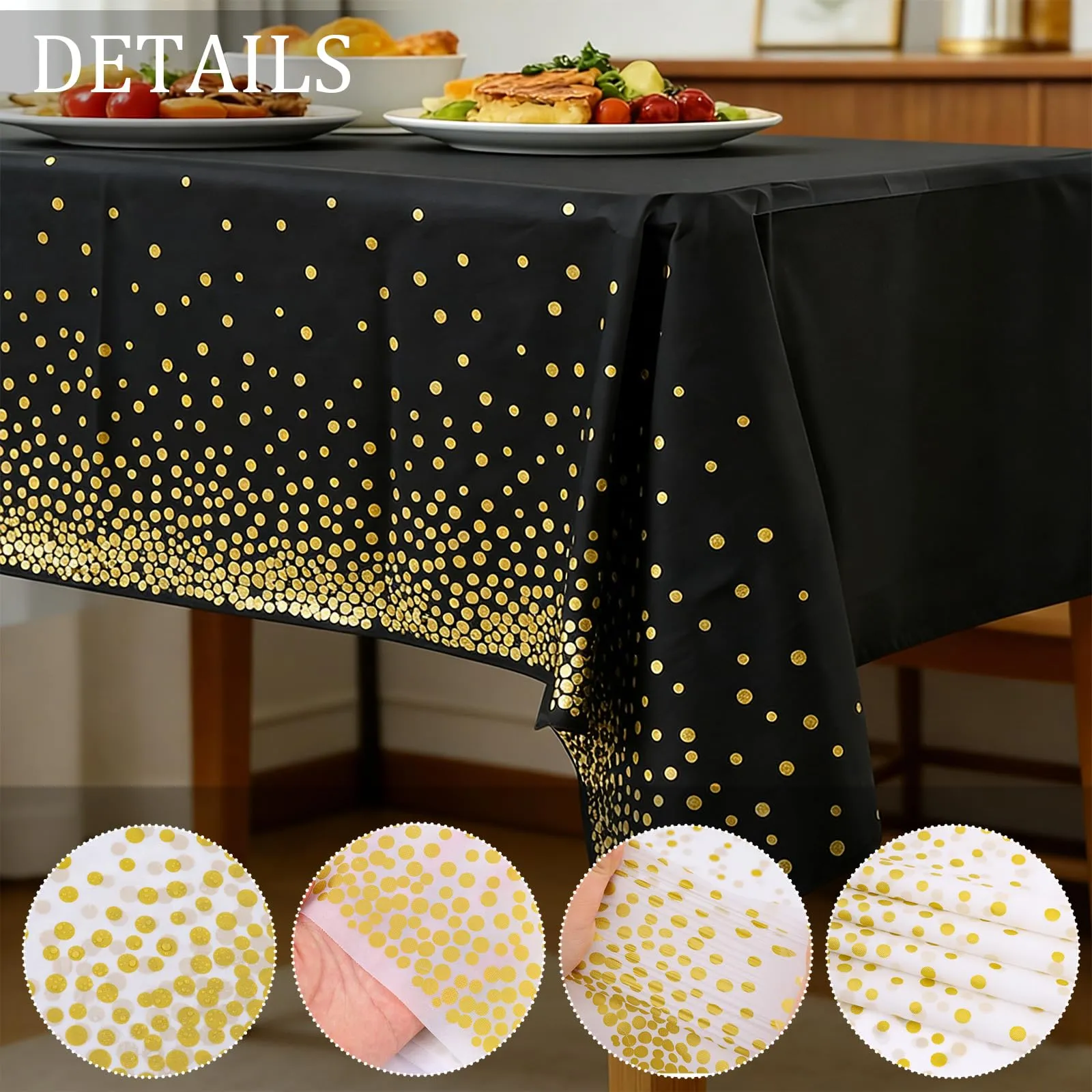 YAAVAAW Tovaglie in Plastica a Pois Neri e Oro, Set da 4, 137 x 274 cm - immagine 3