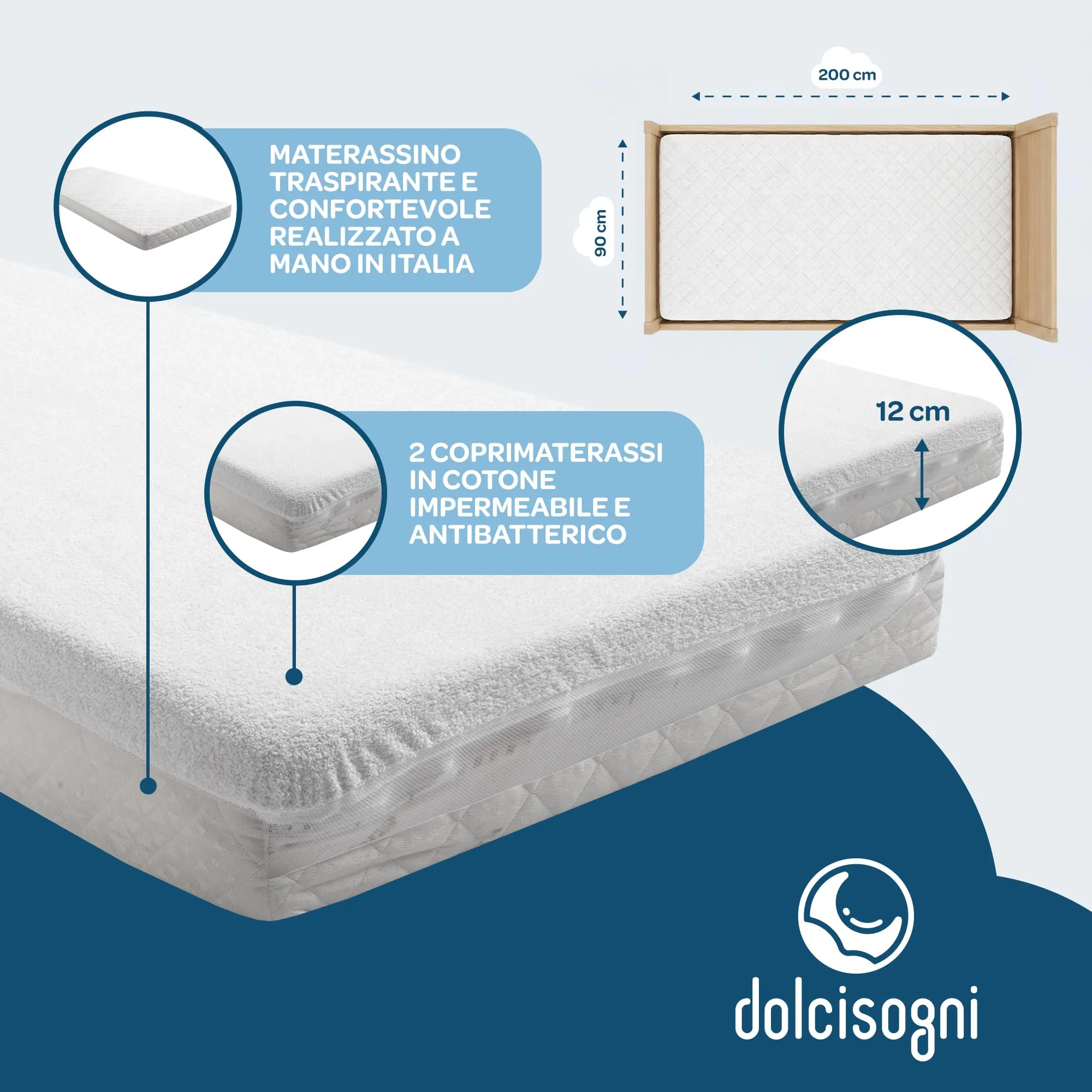 Dolci Sogni Materasso Bambini 90x200x12 cm, Schiuma Traspirante H2, Fodera Anallergica, Certificato Oeko Tex 100 e CertiPur, Made in Italy - immagine 3