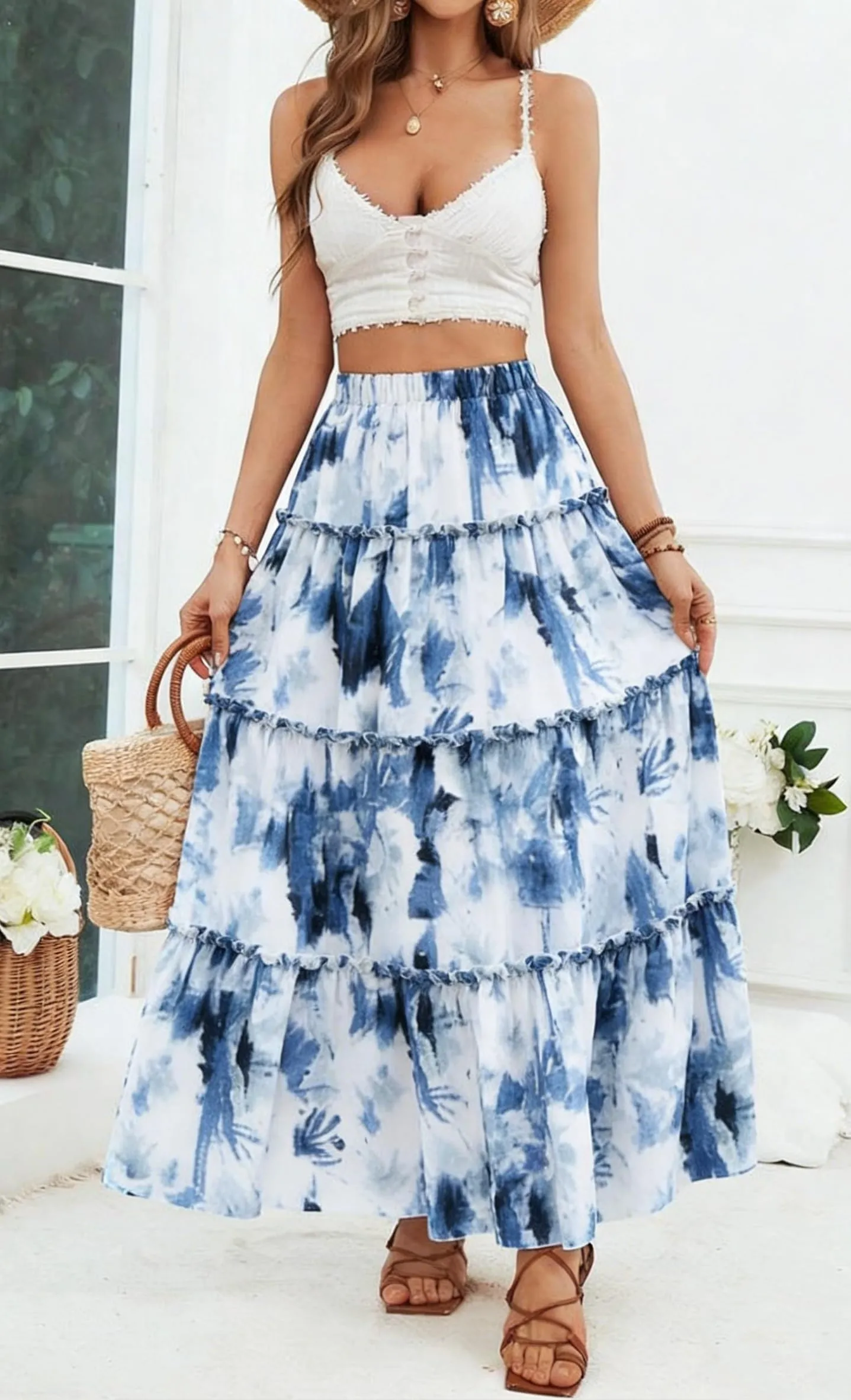 Vossmi Gonna Casual da Donna Estiva Svasata Vita Alta Midi Pieghettata con Coulisse Blu e Bianco, XL - immagine 2