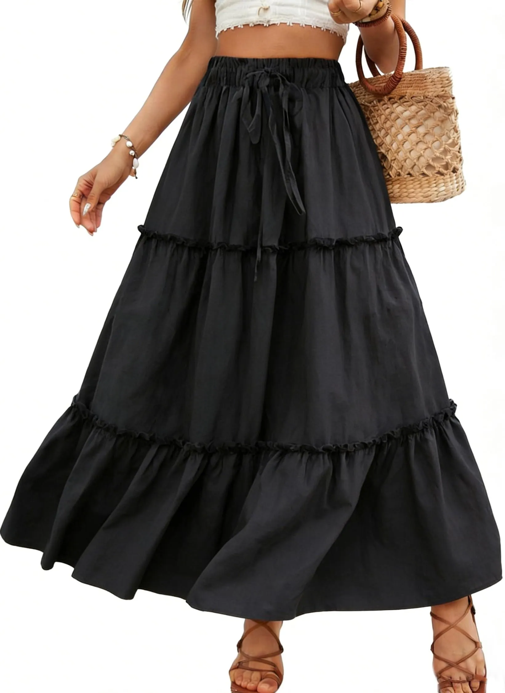 Vossmi Gonna Lunga Donna Vita Alta Boho Floreale A-Line con Tasche Nero, L - immagine 1