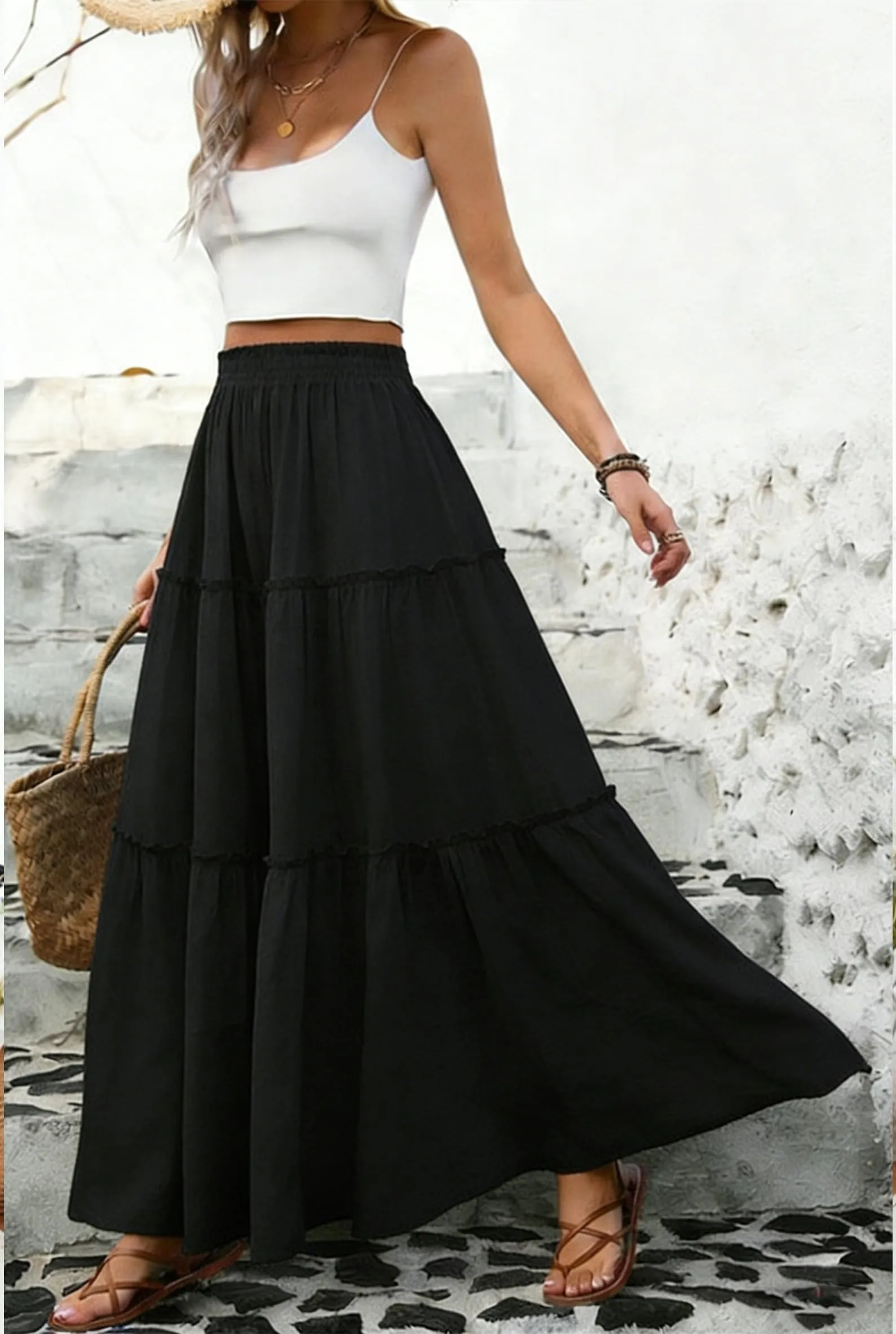 Vossmi Gonna Lunga Donna Vita Alta Boho Floreale A-Line con Tasche Nero, L - immagine 4