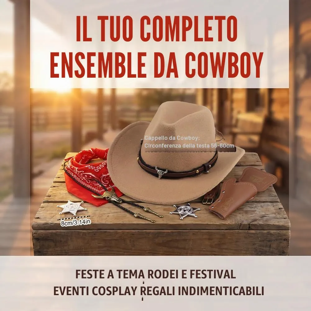 WFKKMEQ Set Accessori Costume da Cowboy 7 Pezzi con Cappello, Bandana, Cintura, Fondina, Collana e Distintivo (Cammello) - immagine 2