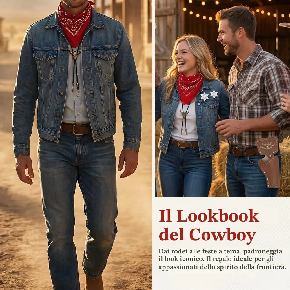 WFKKMEQ Set Accessori Costume da Cowboy 7 Pezzi con Cappello, Bandana, Cintura, Fondina, Collana e Distintivo (Cammello) - immagine 4