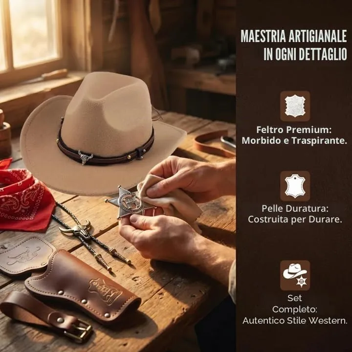 WFKKMEQ Set Accessori Costume da Cowboy 7 Pezzi con Cappello, Bandana, Cintura, Fondina, Collana e Distintivo (Cammello) - immagine 5