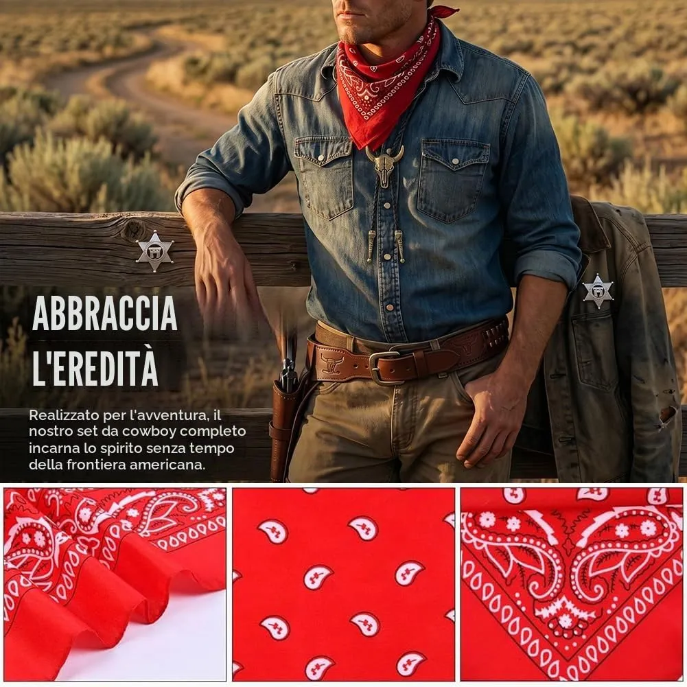 WFKKMEQ Set Accessori Costume da Cowboy 7 Pezzi con Cappello, Bandana, Cintura, Fondina, Collana e Distintivo (Cammello) - immagine 6