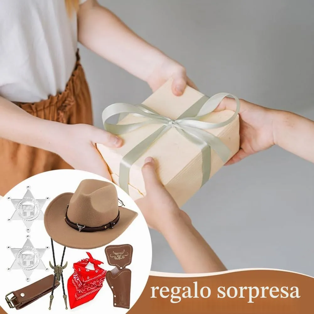 WFKKMEQ Set Accessori Costume da Cowboy 7 Pezzi con Cappello, Bandana, Cintura, Fondina, Collana e Distintivo (Cammello) - immagine 8
