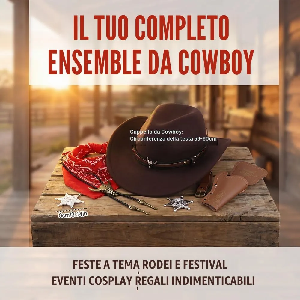 WFKKMEQ Set Accessori Costume da Cowboy 7 Pezzi con Cappello, Bandana, Cintura, Fondina, Collana e Distintivo (Caffè) - immagine 2
