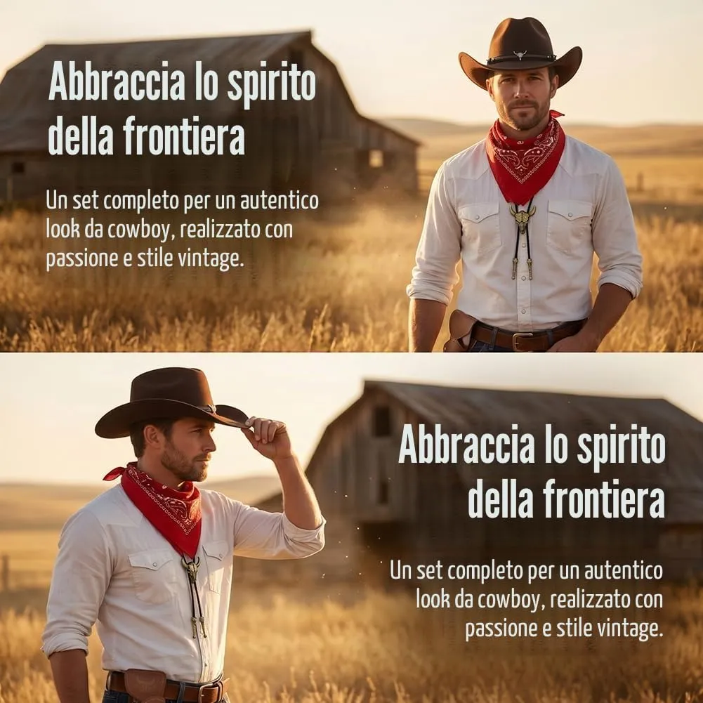 WFKKMEQ Set Accessori Costume da Cowboy 7 Pezzi con Cappello, Bandana, Cintura, Fondina, Collana e Distintivo (Caffè) - immagine 3