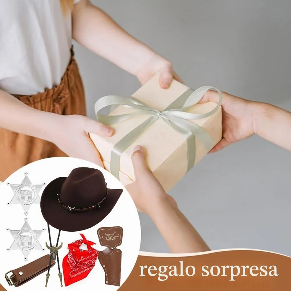 WFKKMEQ Set Accessori Costume da Cowboy 7 Pezzi con Cappello, Bandana, Cintura, Fondina, Collana e Distintivo (Caffè) - immagine 8