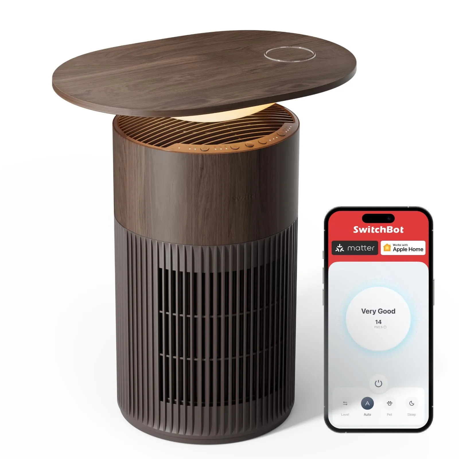 SwitchBot Purificatore d'aria da tavolo con App, Filtro HEPA, CADR 400m³/h, Colore Legno Noce - immagine 1