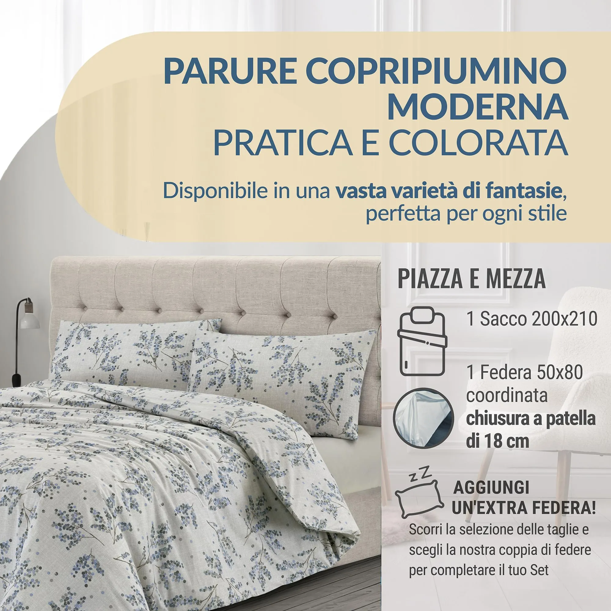 Dorian Home Copripiumino Una Piazza e Mezza in Cotone 200x210 cm con Federa - immagine 2