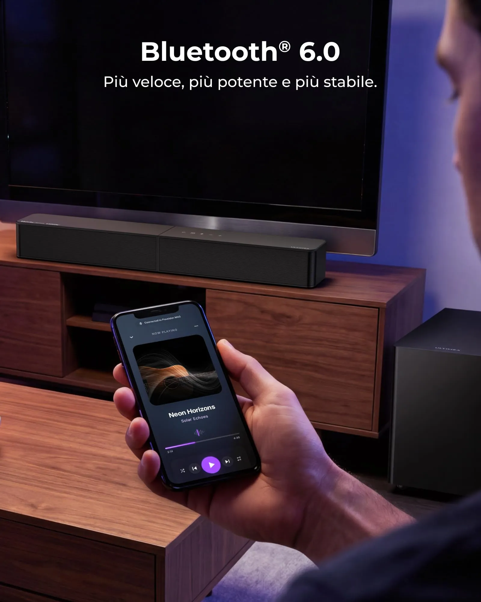 Ultimea Poseidon M40 2.1 Soundbar con Subwoofer Wireless, Dolby Atmos, VoiceMx, BassMx, 240W, App Control, HDMI eARC, Bluetooth 6.0, Modello 2026 - immagine 5