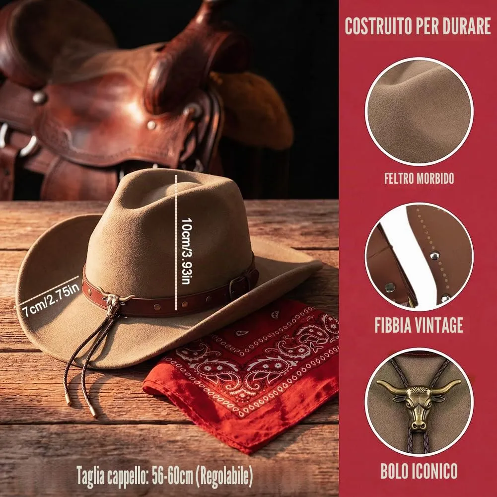 WFKKMEQ Set Accessori Costume da Cowboy 7 Pezzi con Cappello, Bandana, Cintura, Fondina, Collana e Distintivo (Marrone) - immagine 2