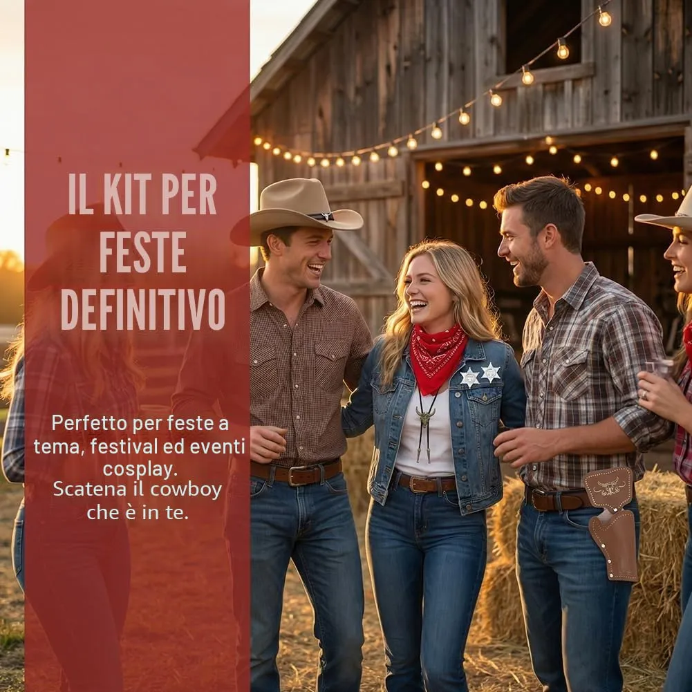 WFKKMEQ Set Accessori Costume da Cowboy 7 Pezzi con Cappello, Bandana, Cintura, Fondina, Collana e Distintivo (Marrone) - immagine 5