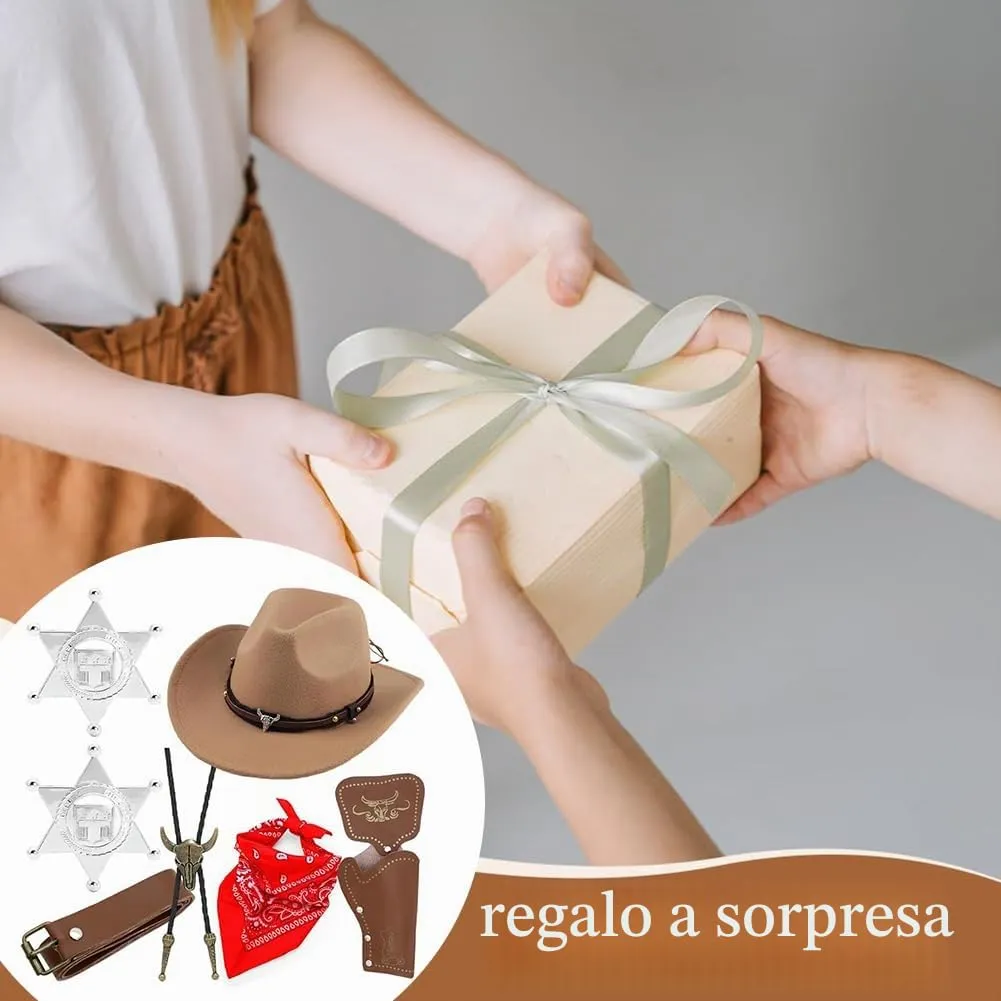WFKKMEQ Set Accessori Costume da Cowboy 7 Pezzi con Cappello, Bandana, Cintura, Fondina, Collana e Distintivo (Marrone) - immagine 6