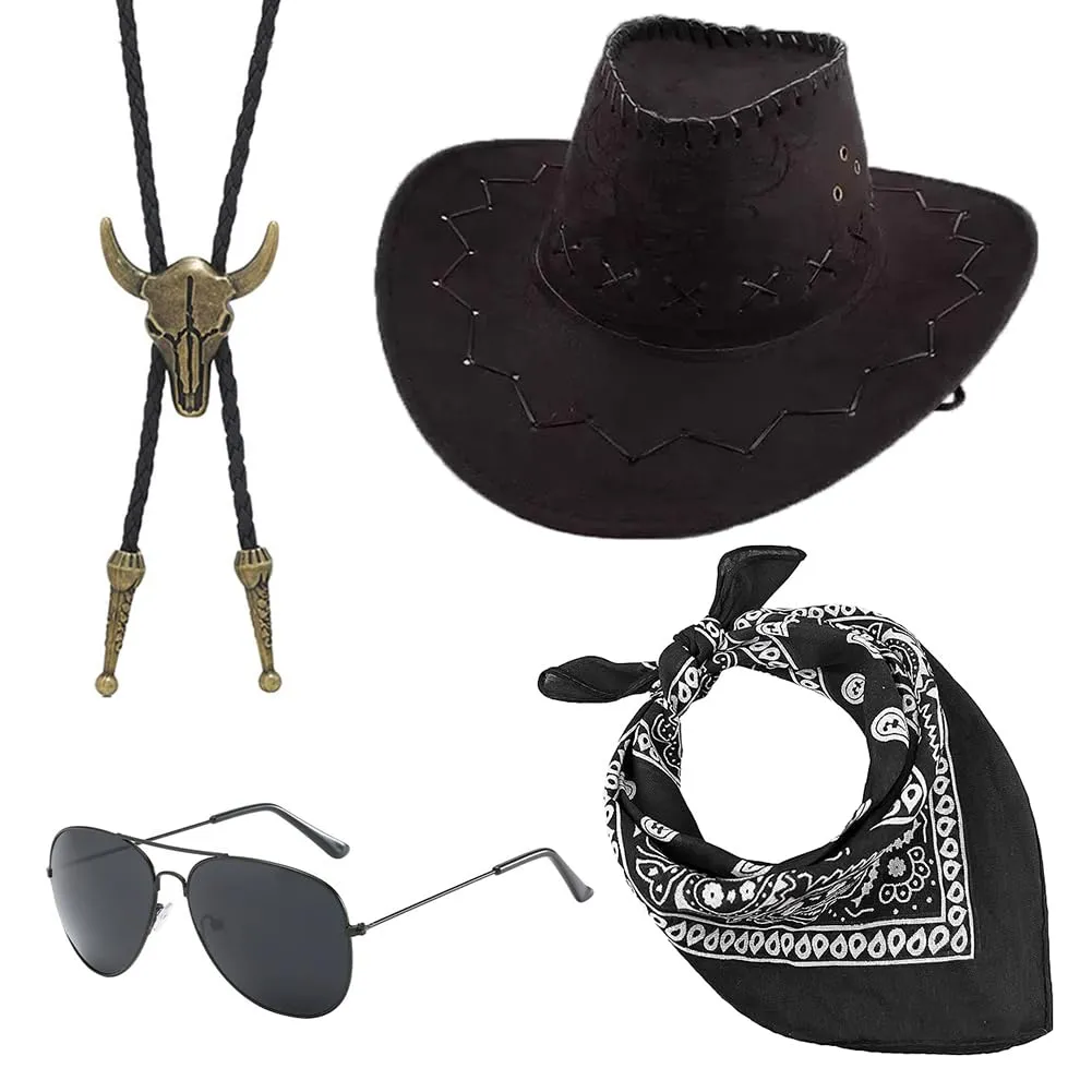 WFKKMEQ Costume da Cowboy, Set 4 Pezzi con Cappello, Bandana, Collana e Distintivo (Marrone) - immagine 1