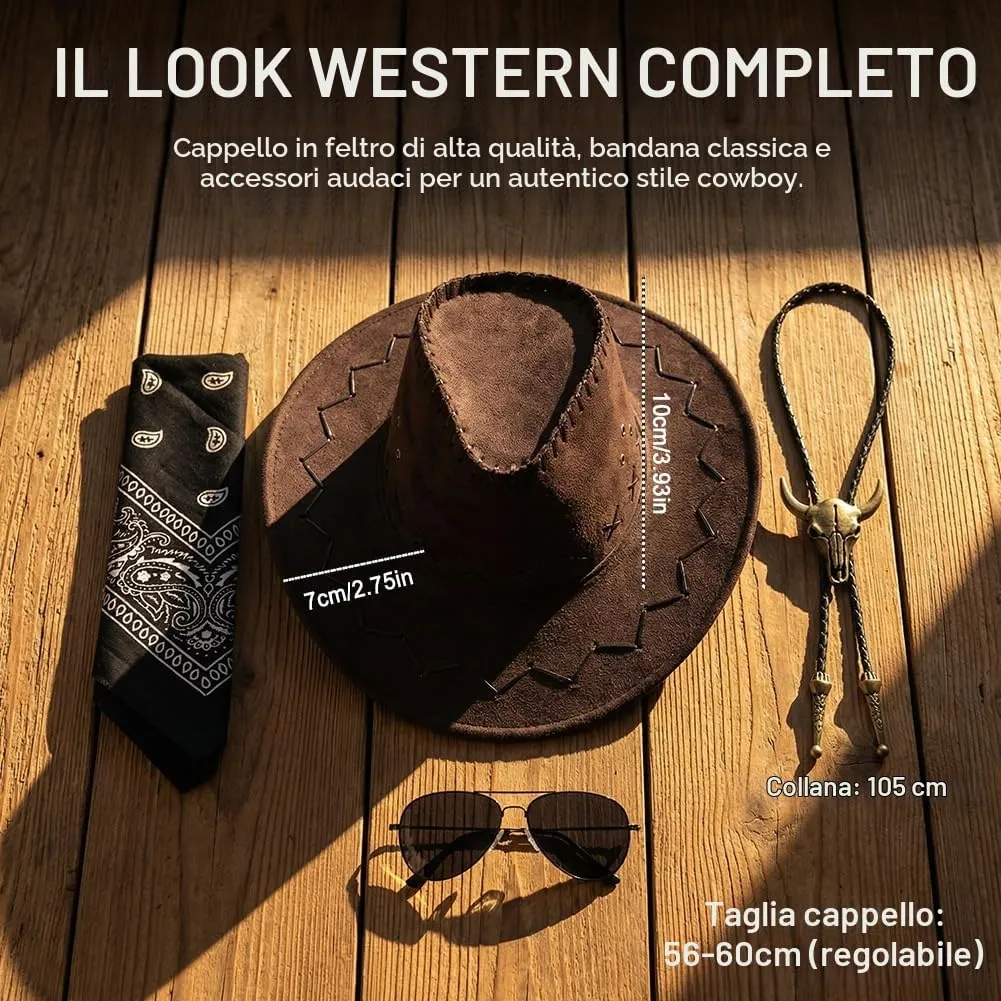 WFKKMEQ Costume da Cowboy, Set 4 Pezzi con Cappello, Bandana, Collana e Distintivo (Marrone) - immagine 2
