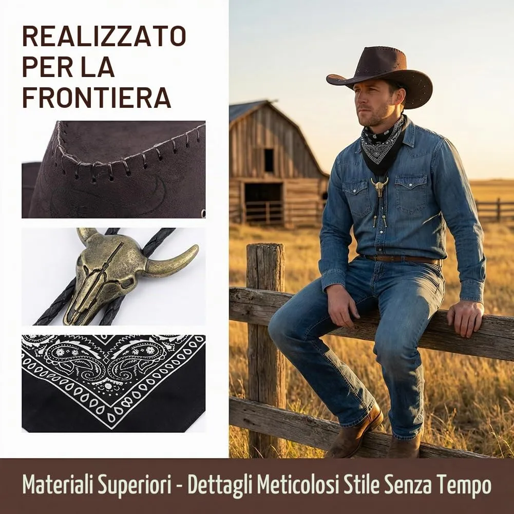 WFKKMEQ Costume da Cowboy, Set 4 Pezzi con Cappello, Bandana, Collana e Distintivo (Marrone) - immagine 3