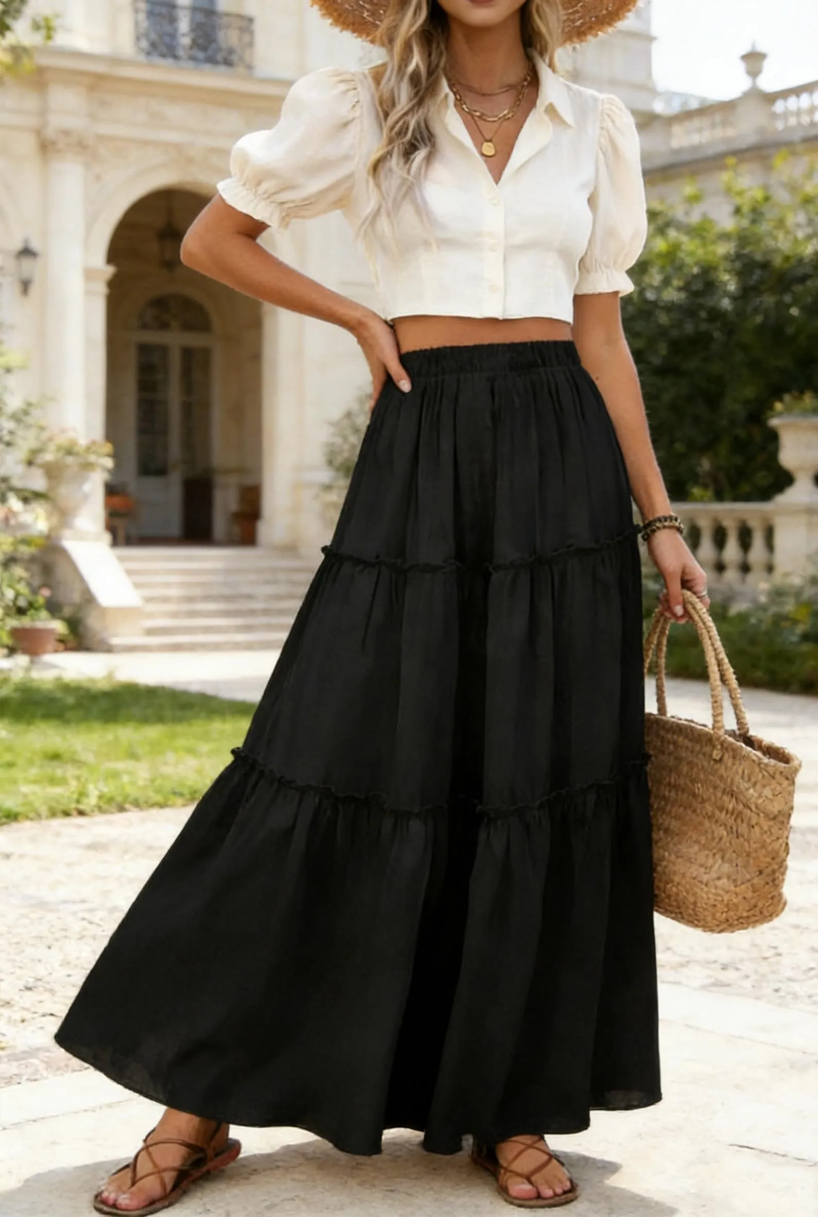 Vossmi Gonna Lunga Casual da Donna Vita Alta Boho Floreale A-Line con Tasche, Nero, XL - immagine 5