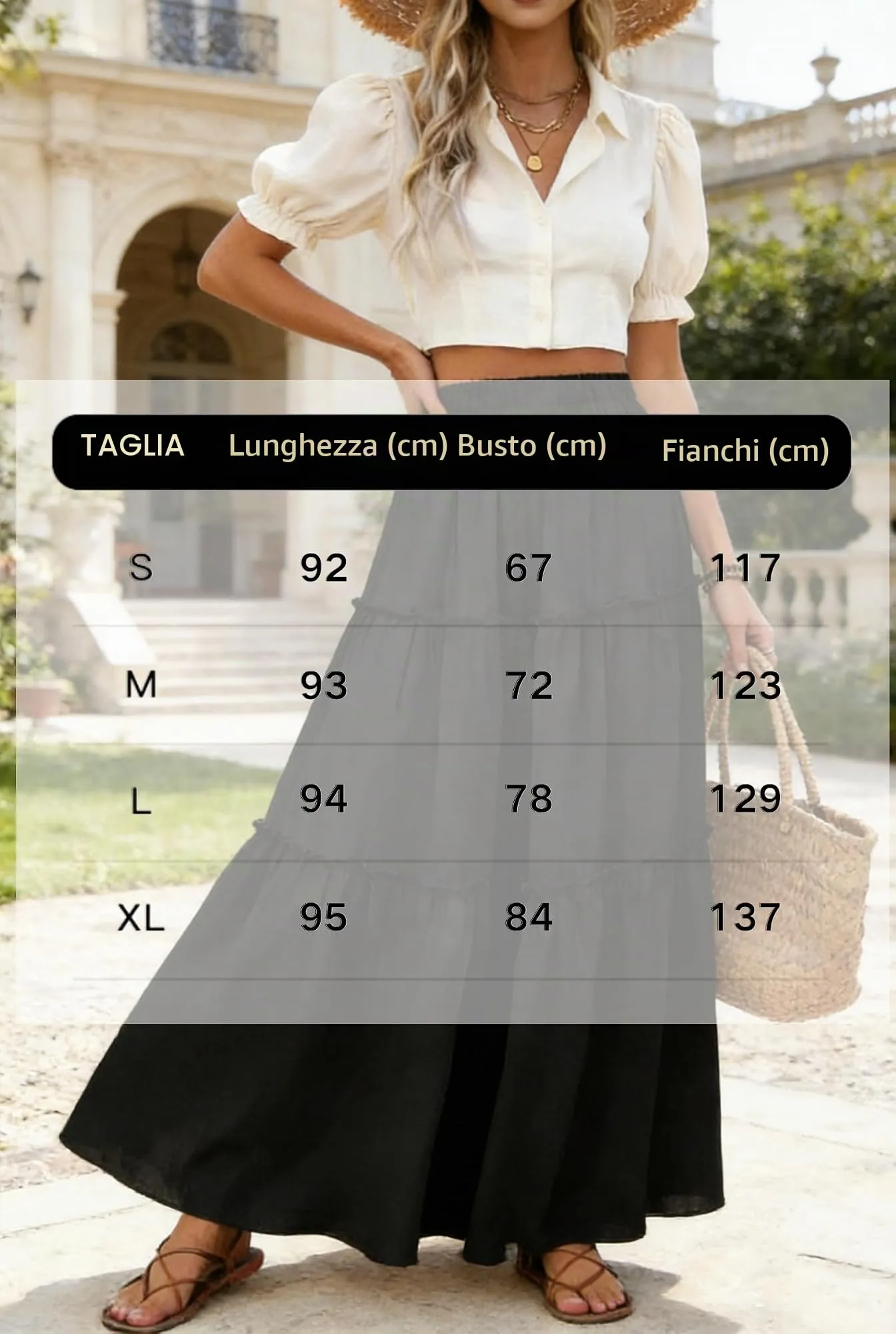 Vossmi Gonna Lunga Casual da Donna Vita Alta Boho Floreale A-Line con Tasche, Nero, XL - immagine 6