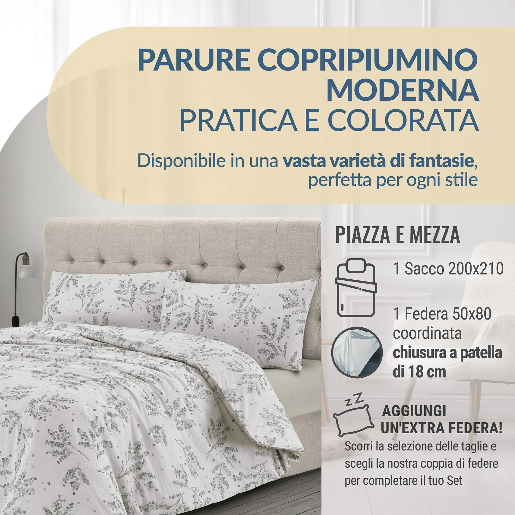 Dorian Home Copripiumino Una Piazza e Mezza in Cotone 200x210 cm con Federa - immagine 2