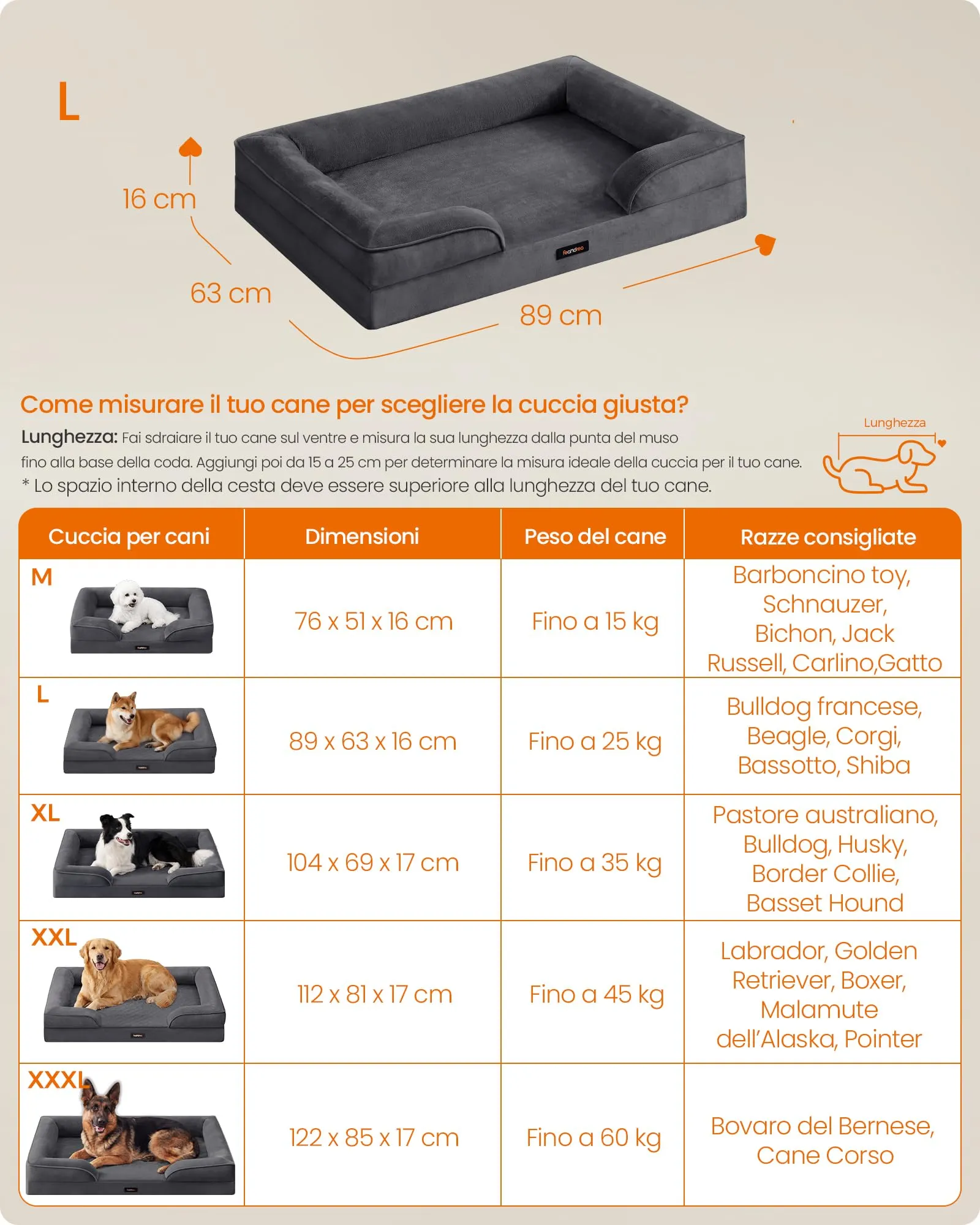 Feandrea Cuccia Ortopedica per Cani in Flanella, 89 x 63 x 16 cm - immagine 5