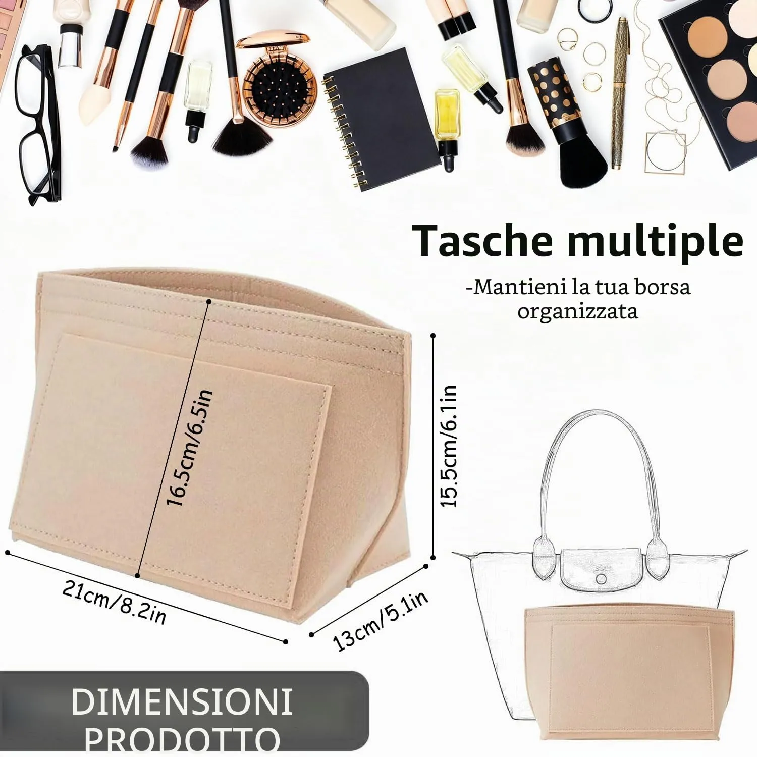 Sunshine smile Felt Organizer for Longchamp Le Pliage S, Beige - immagine 2