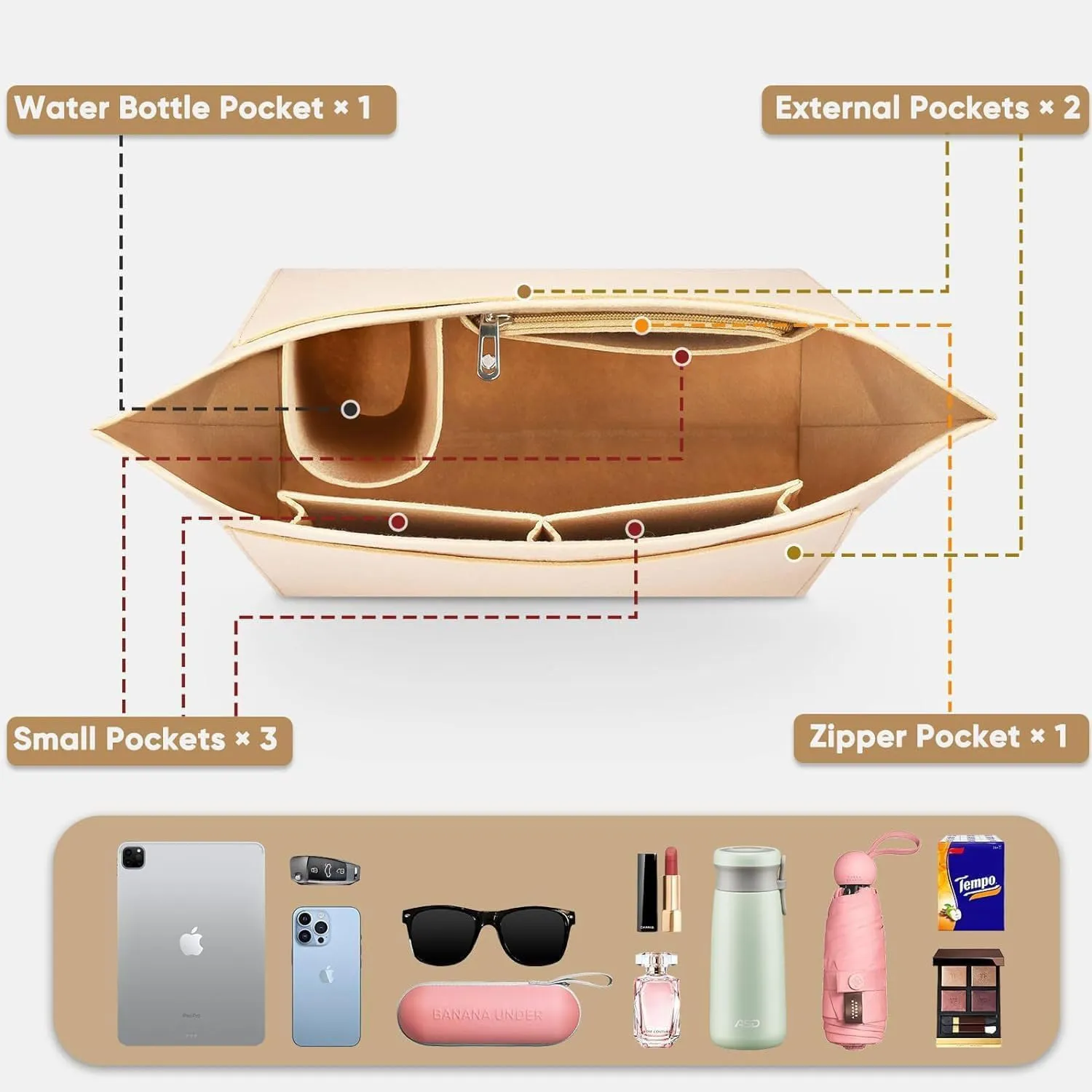 Sunshine smile Organizer in Feltro Beige per Longchamp Le Pliage M - immagine 4