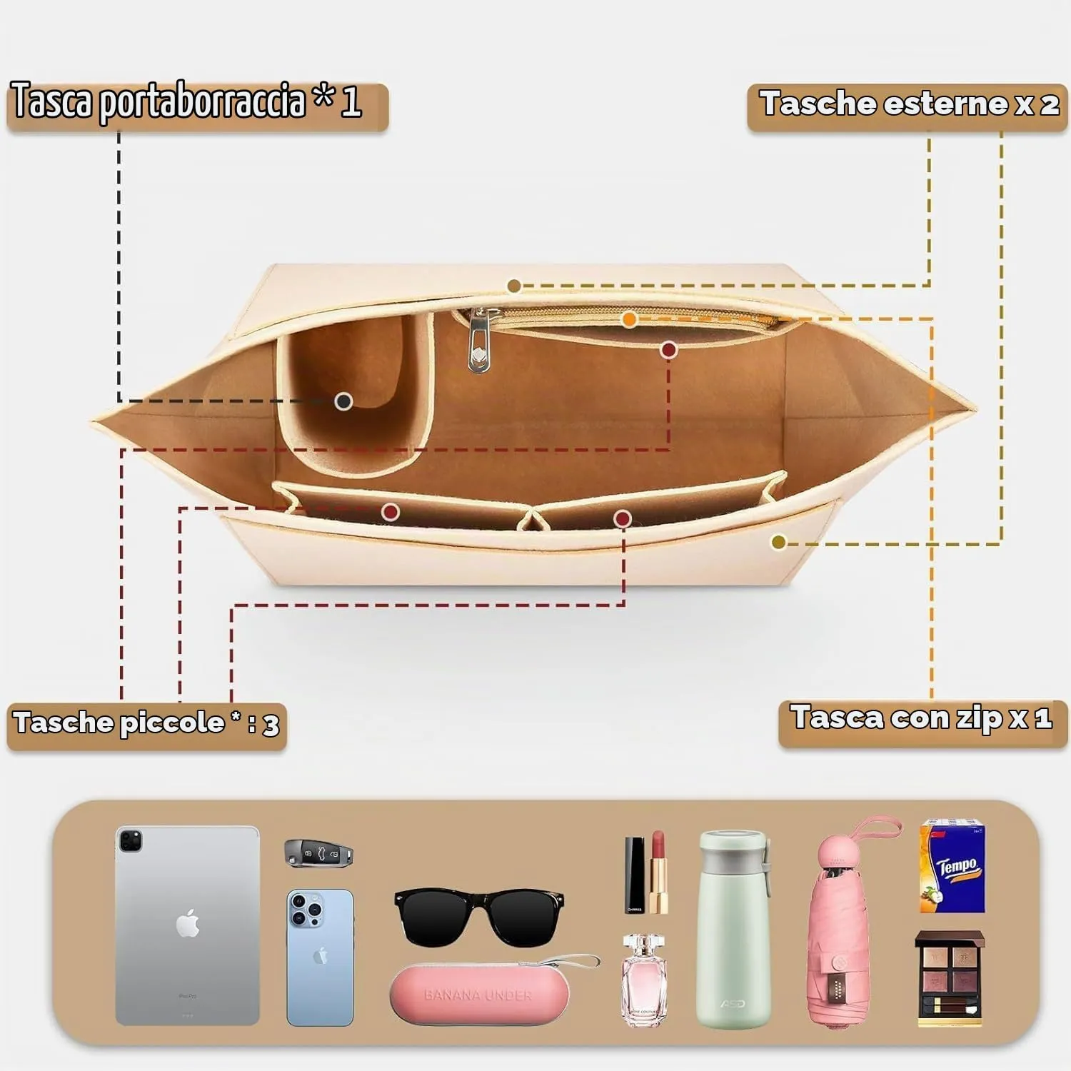 Sunshine smile Organizer in Feltro Beige per Longchamp Le Pliage L - immagine 4