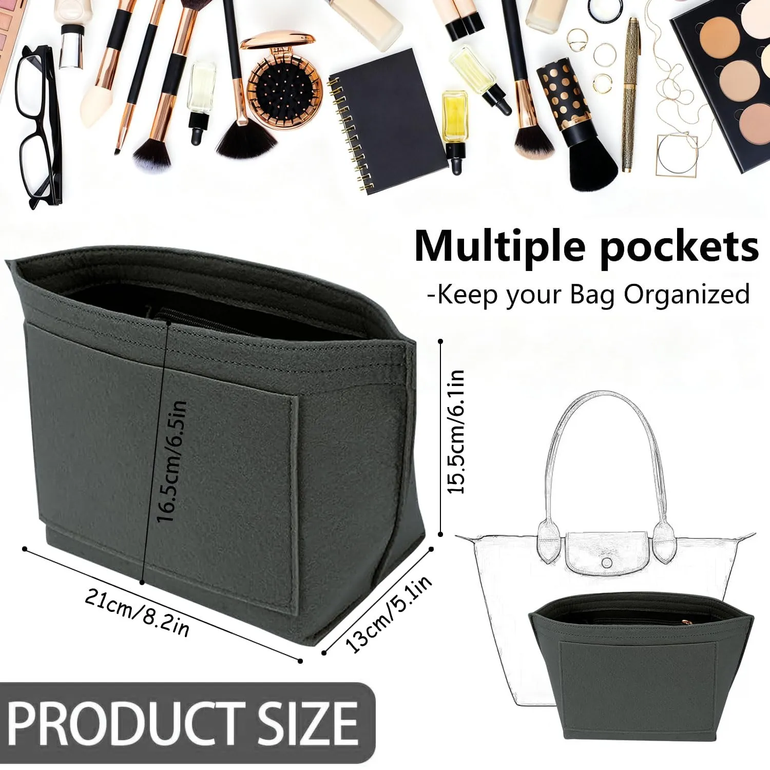 Sunshine smile Organizer in feltro per borsa Longchamp Pliage S, Grigio Chiaro - immagine 2