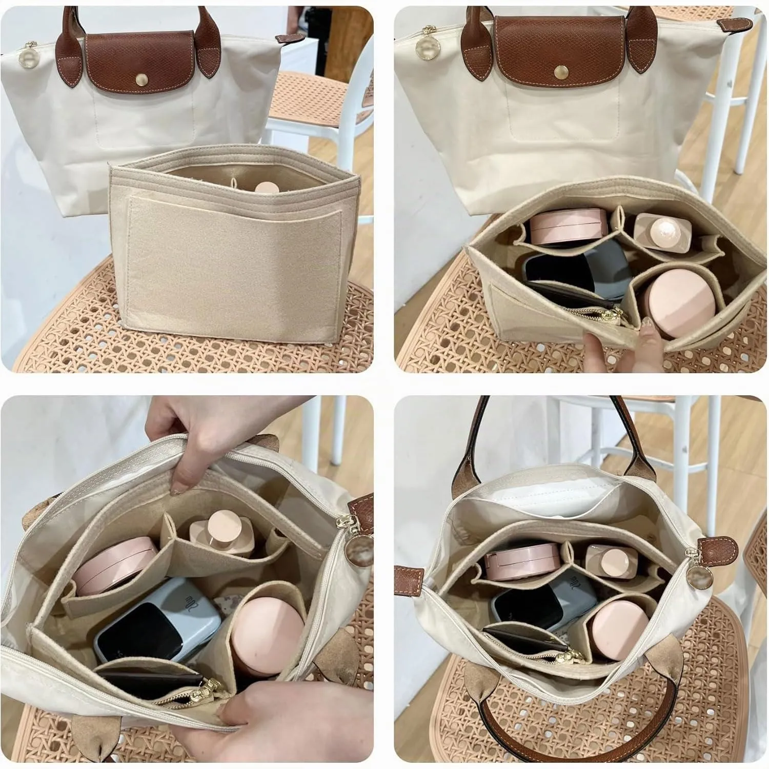 Sunshine smile Organizer in feltro per borsa Longchamp Pliage S, Grigio Chiaro - immagine 7