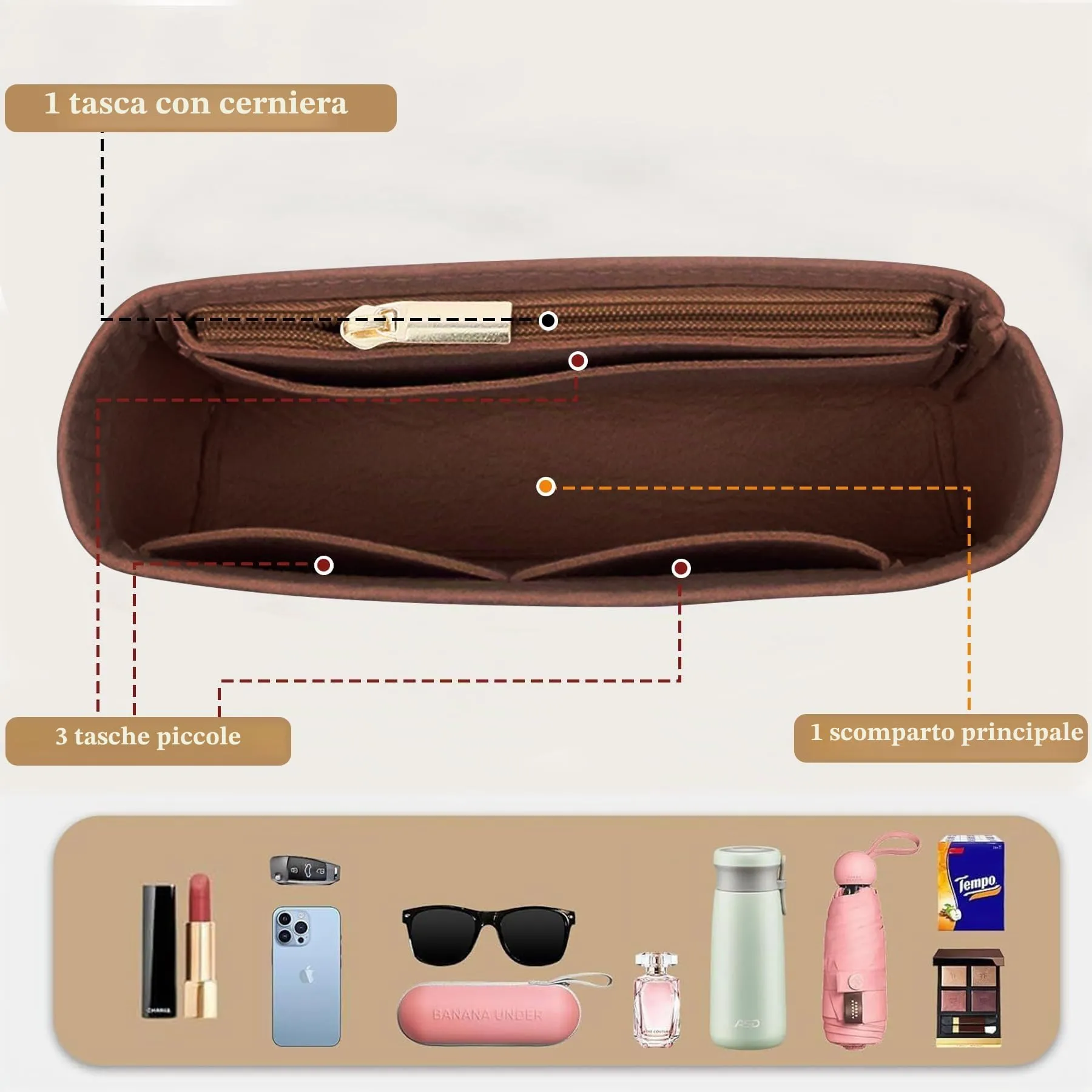 Sunshine smile Organizer per borsa Longchamp Mini B, Marrone - immagine 4
