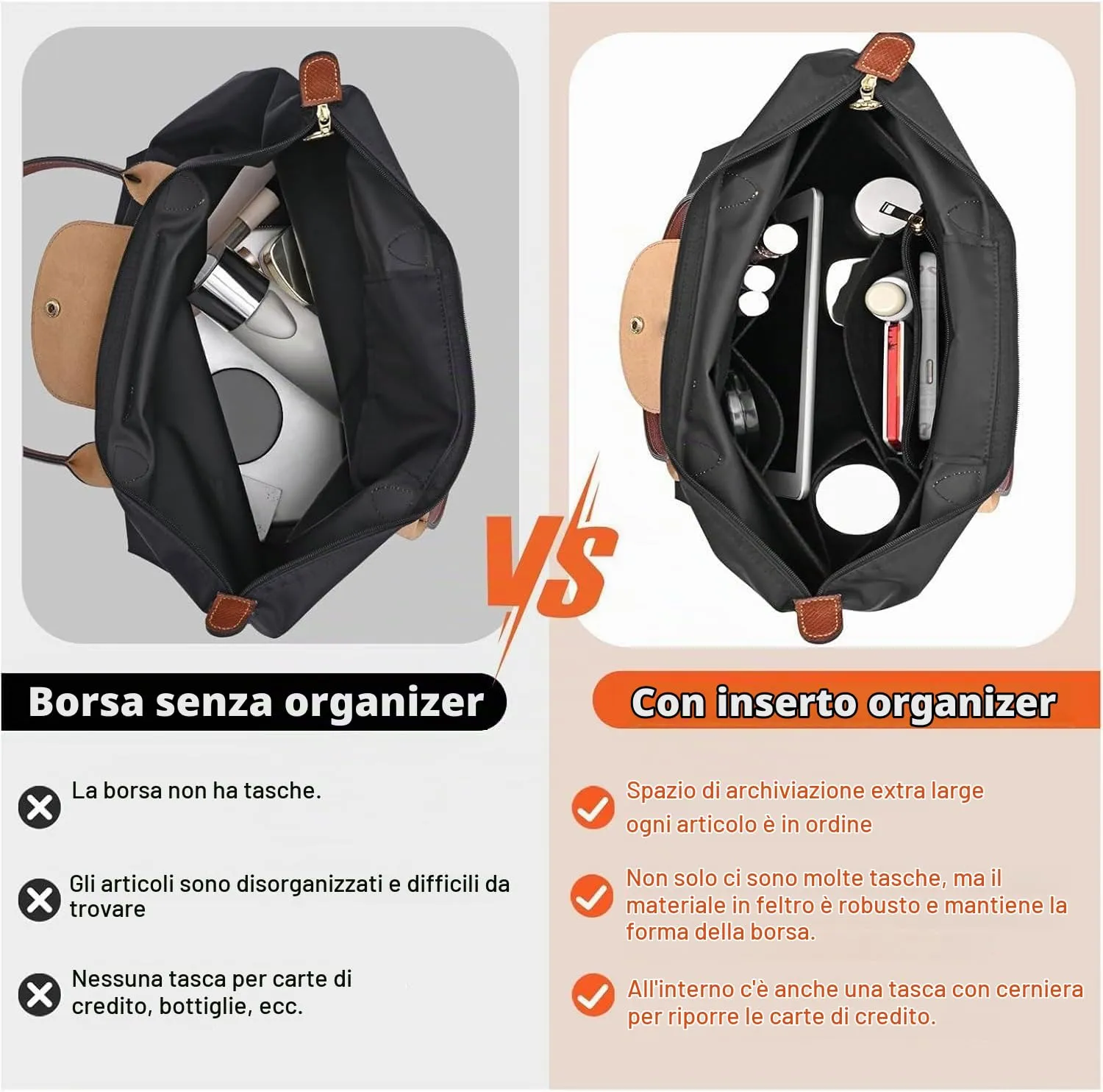 Sunshine Smile Organizer in Feltro per Borse Longchamp Pieghevoli, Taglia M, Multi-tasca - immagine 6