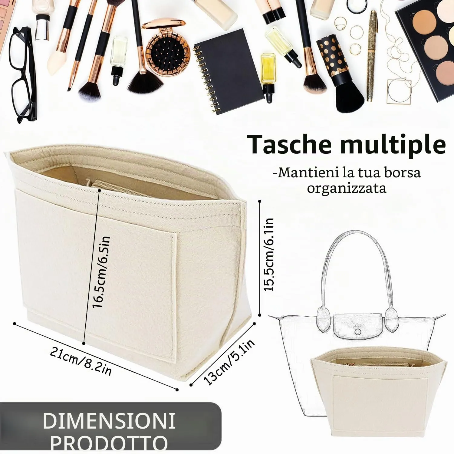 Sunshine Smile Organizer in feltro per borse Longchamp, Small, Bianco - immagine 2