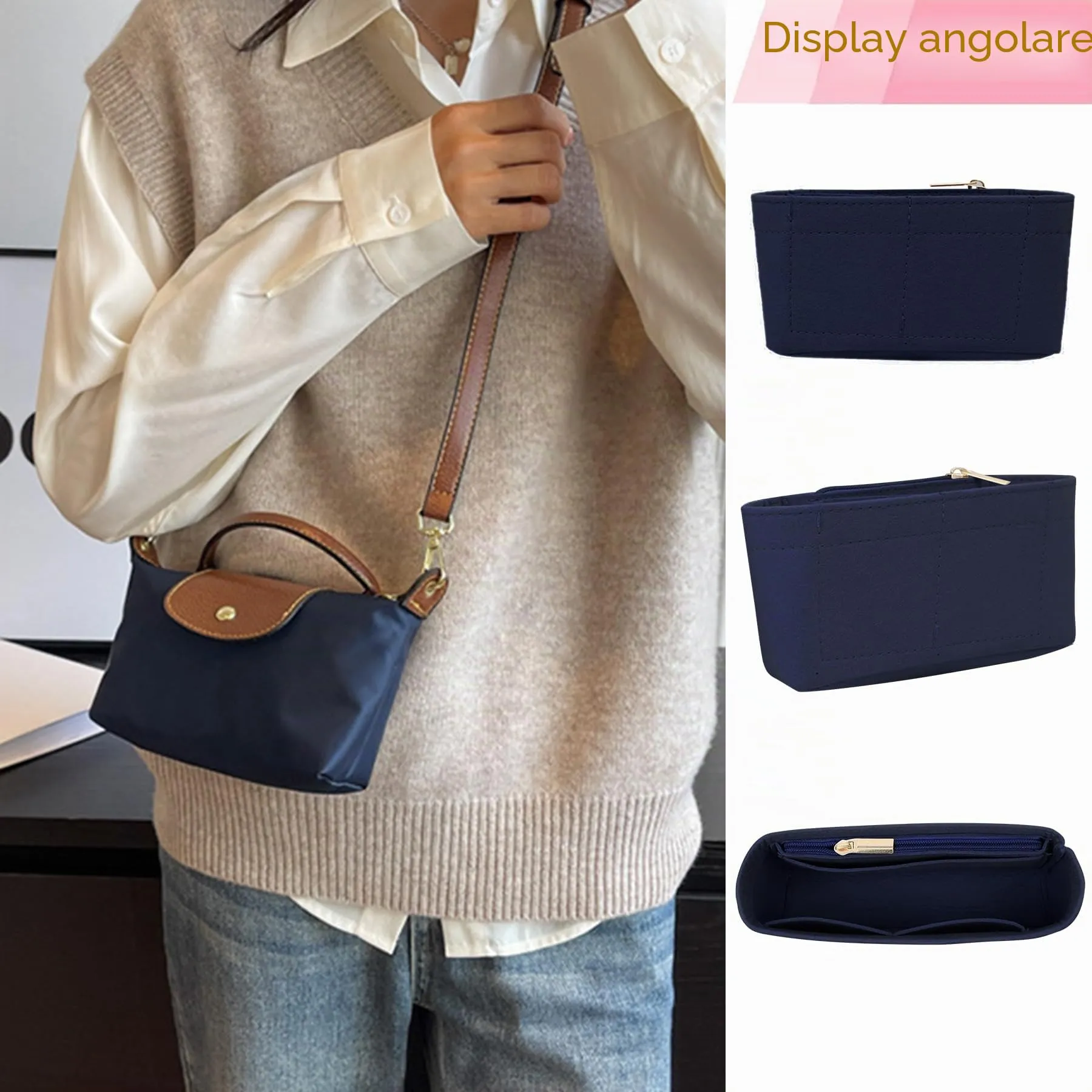 Sunshine smile Felt Organizer Insert for Longchamp Pliage Mini B, Blue - immagine 5