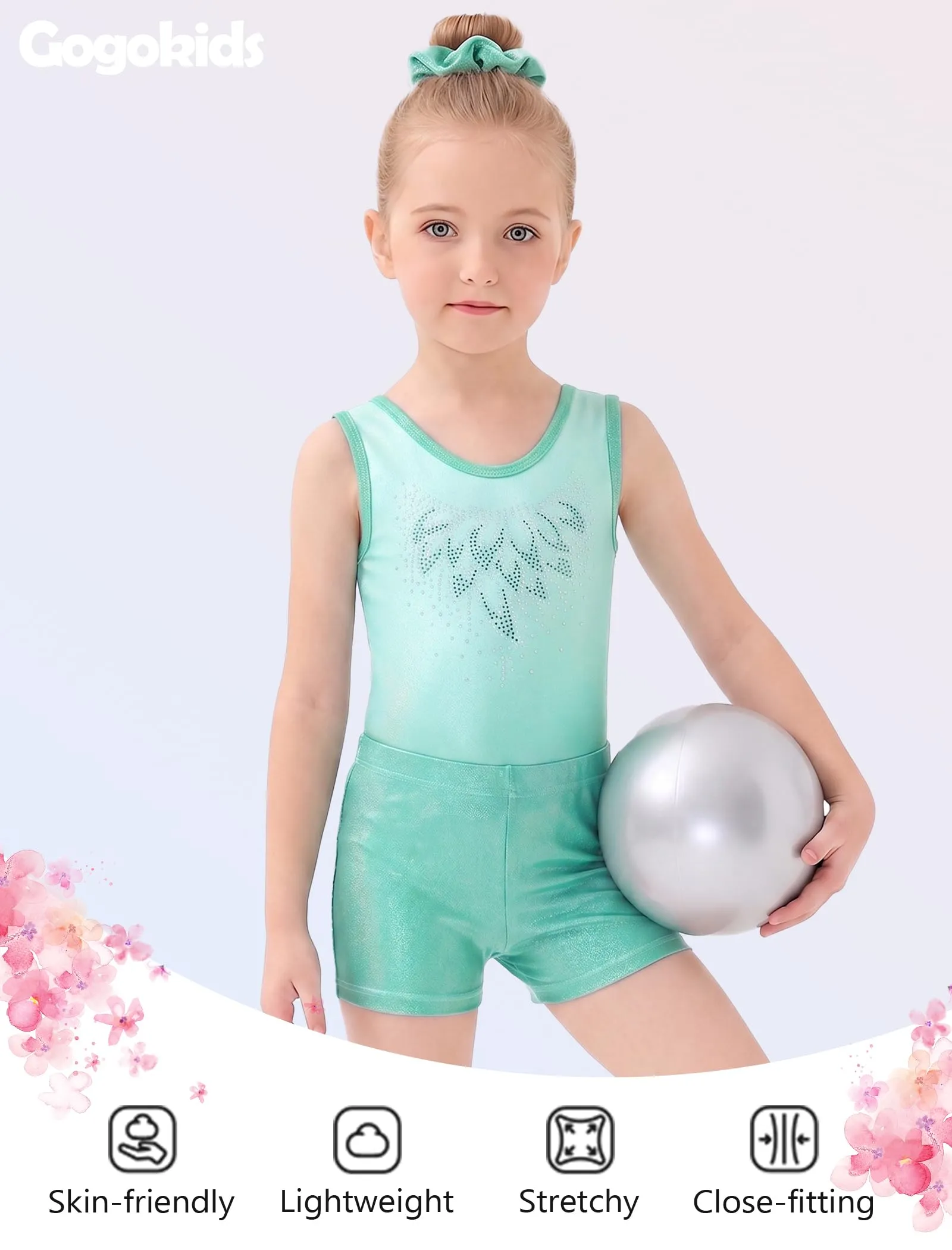 Gogokids Set da Ginnastica per Bambina 3 Pezzi, Body Senza Maniche, Pantaloncini e Fascia per Capelli, Design a Colori Sfumati, Verde Chiaro - immagine 2