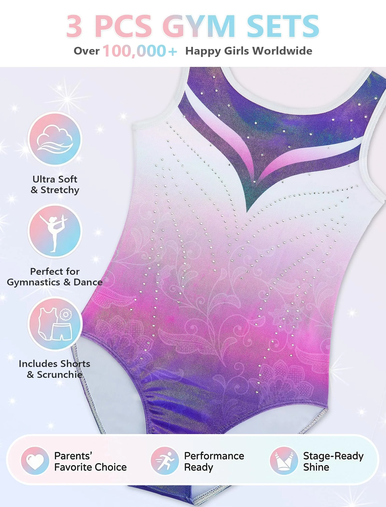 Gogokids Body da Ginnastica per Ragazze con Strass, Pantaloncini e Fermaglio per Capelli, C-viola, 11-12 anni - immagine 3