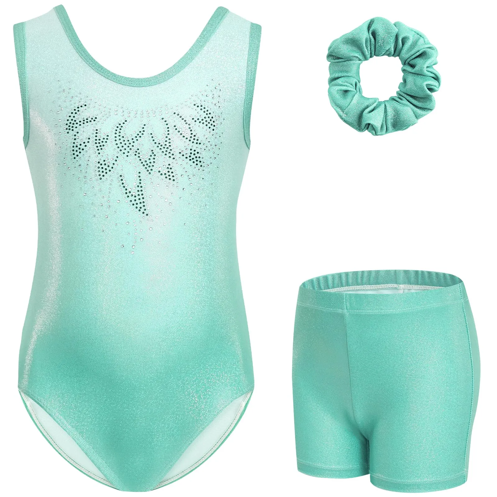 Gogokids Set da ginnastica per bambina 3 pezzi, leotardo scintillante, pantaloncini e fascia per capelli, Verde - immagine 1