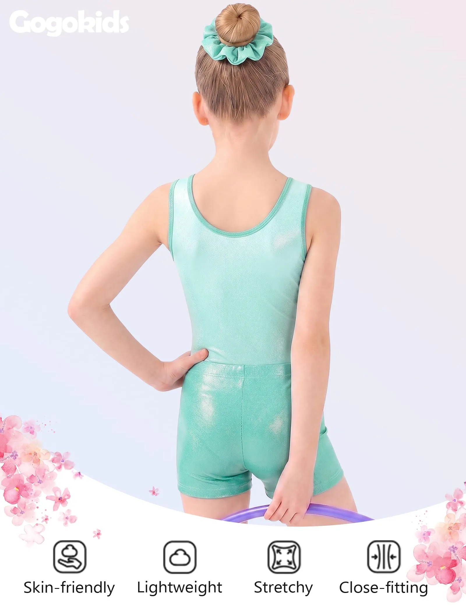 Gogokids Set da ginnastica per bambina 3 pezzi, leotardo scintillante, pantaloncini e fascia per capelli, Verde - immagine 3
