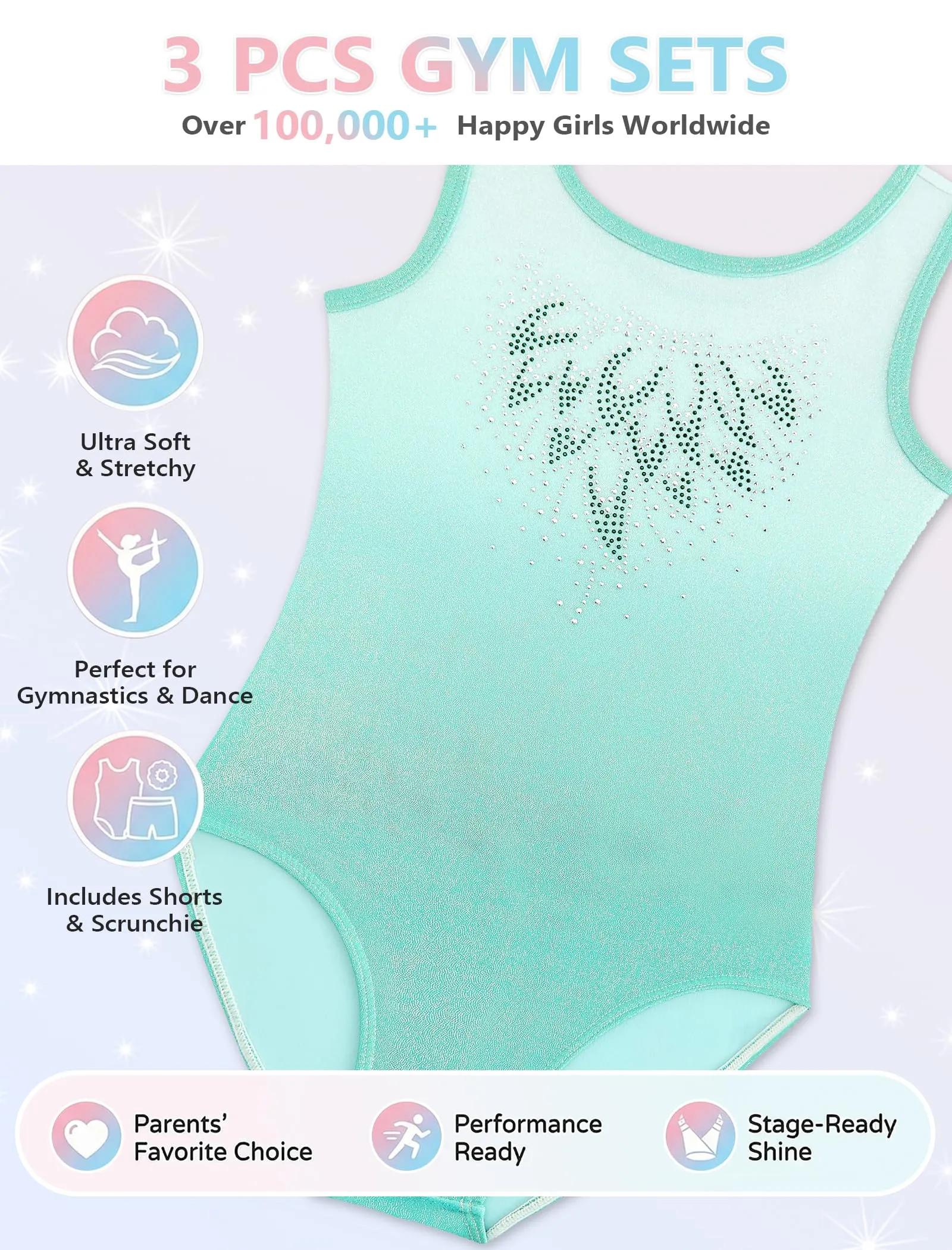 Gogokids Set da ginnastica per bambina 3 pezzi, leotardo scintillante, pantaloncini e fascia per capelli, Verde - immagine 5